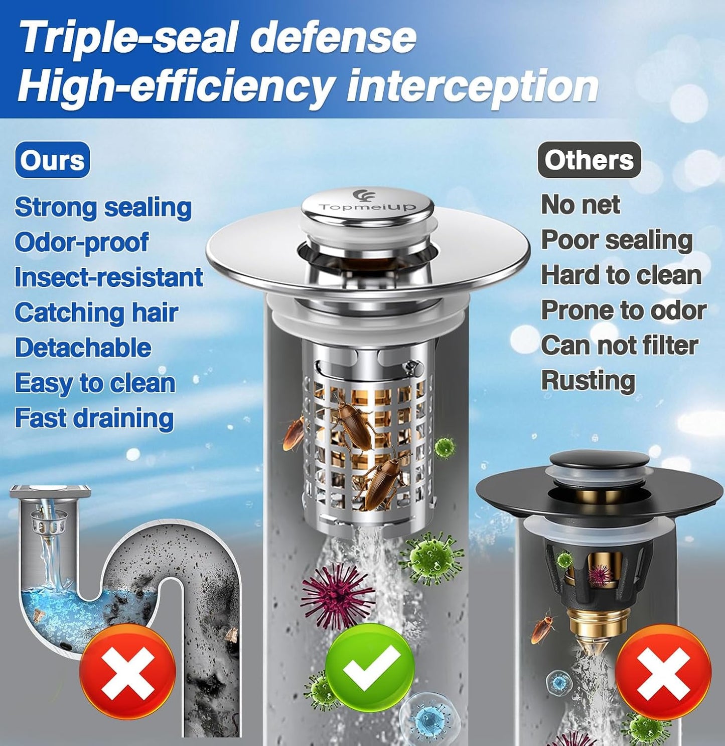 Sink Drain Stopper, 3-in-1 Pop Up Sink Strainer with Removable Hair Catcher for Bathroom Sink, Universal 1.1-2.36 Inch Drain Cover, 2PCS, Brass Core (New/1PCS)