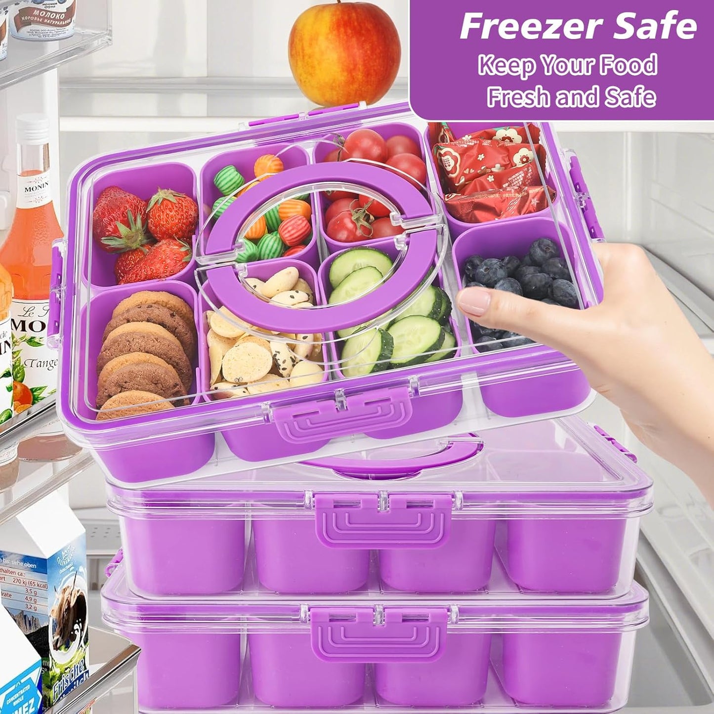 shopwithgreen Snackle Box Container, Divided Serving Tray with Lid and Handle for Party, Veggies, Fruit, Nuts, Food Tray Platter Charcuterie Snack Box Container for Entertaining, Picnic, Purple