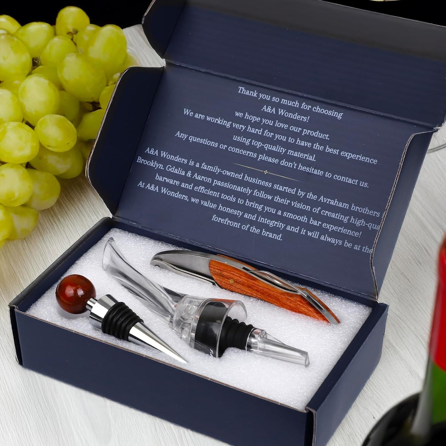 A&A Wonders Wine Accessories Set, Featuring 3 in-1 Multifunctional Waiters Corkscrew Bottle Opener, Wine Aerator Pourer Spout & Decanter, Air-Tight Wine Stopper.