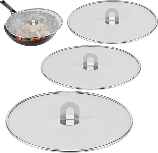 3PCS Stainless Steel Splatter Guard, 9.8" 11.4" 13" Frying Pan Splatter Screens, Fine Mesh Splash Proof Oil Splash Guard with Foldable Handle, Oil Proofing Lids Cooking Protector for Frying Cooking