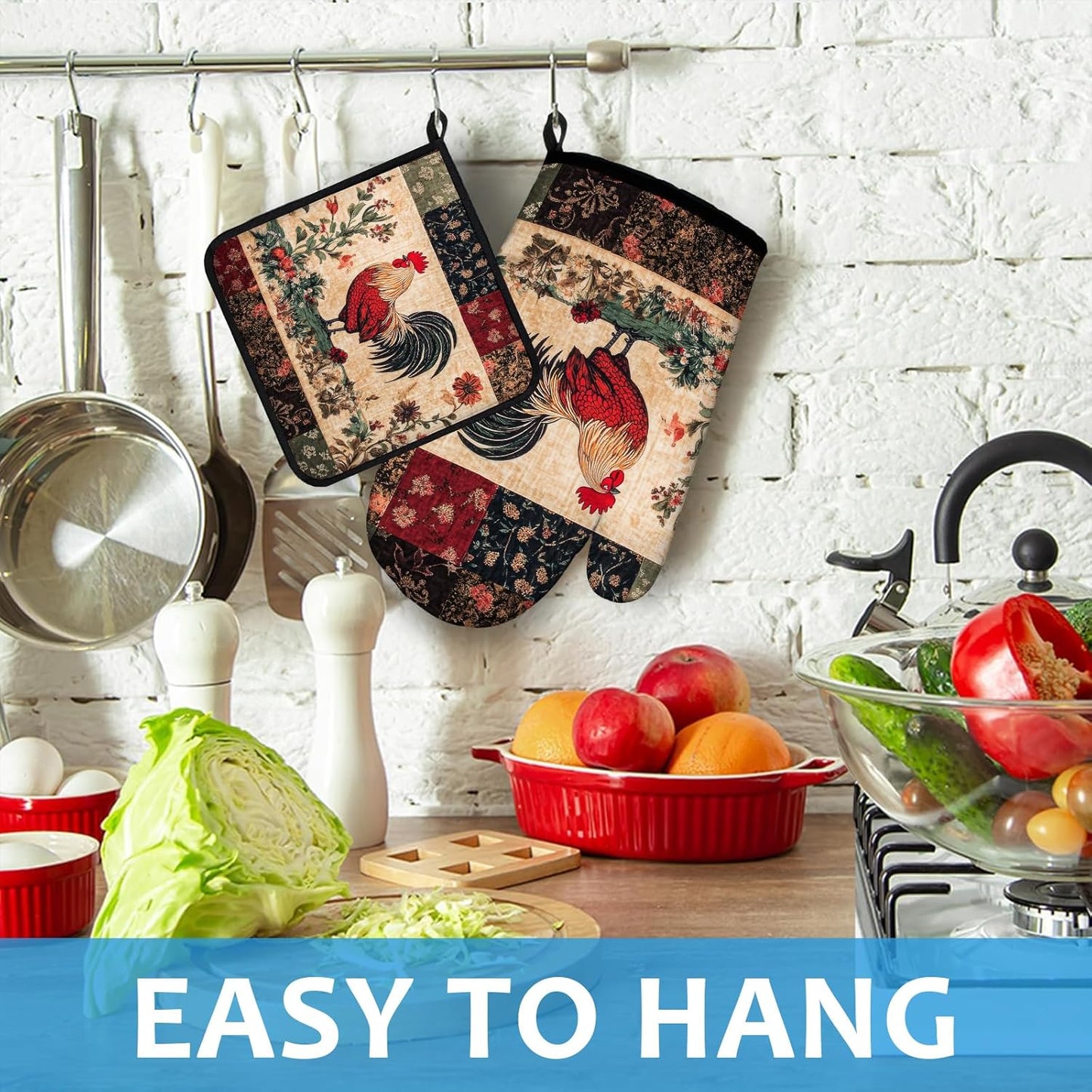 Rustic Rooster Oven Mitts and Pot Holders Sets Heat Resistant 4Pcs Potholders Oven Gloves Hot Pads for Kitchen Baking Cooking Grilling BBQ