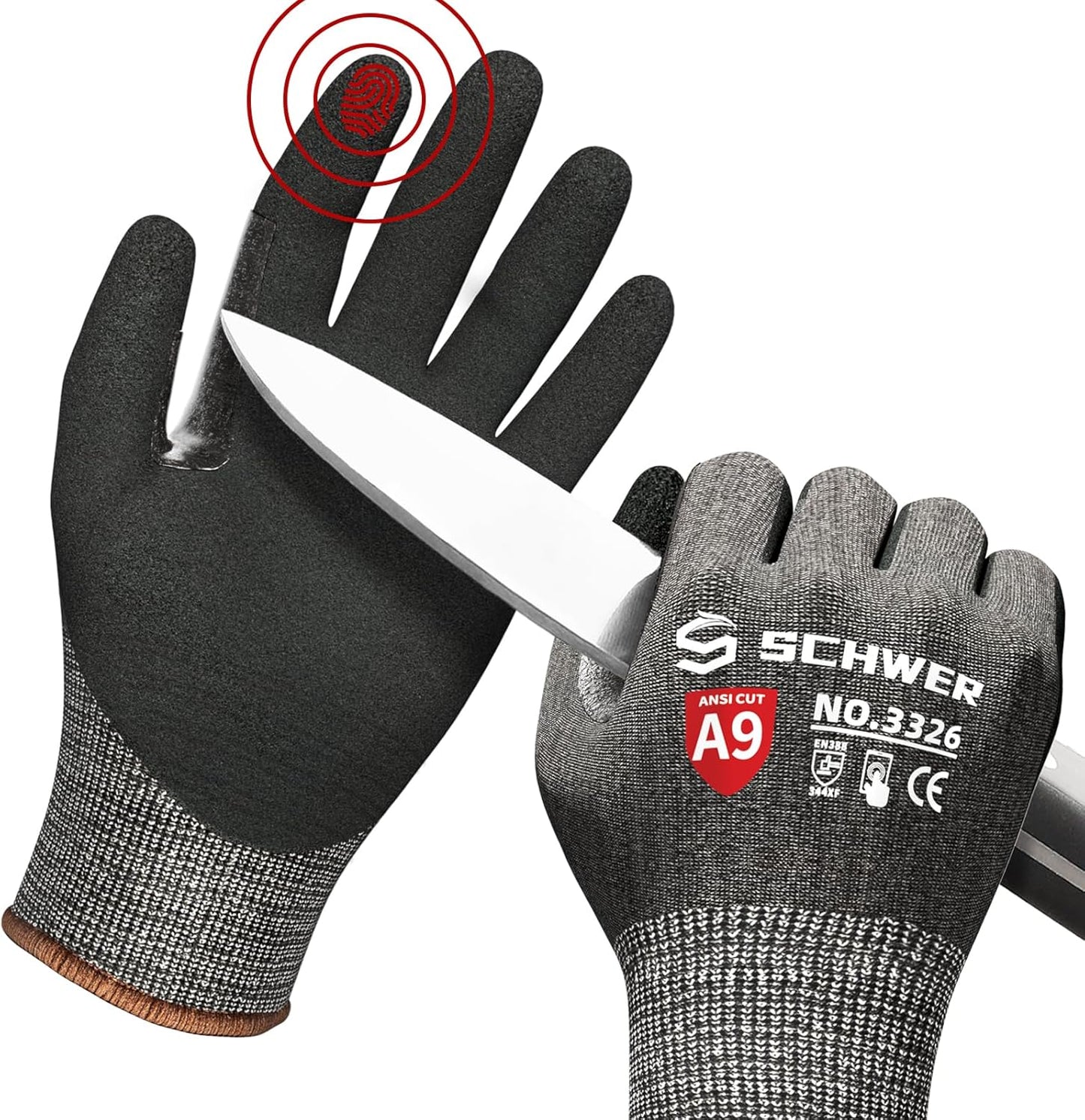 Schwer ProGuard Highest Level Cut Resistant Work Gloves PR3326 for Extreme Protection，ANSI A9 Cut Gloves with Reinforced Thumb, Non Slip, Breathable, Durable, Touch-screen, Non PFAS, Black 1 Pair（L）