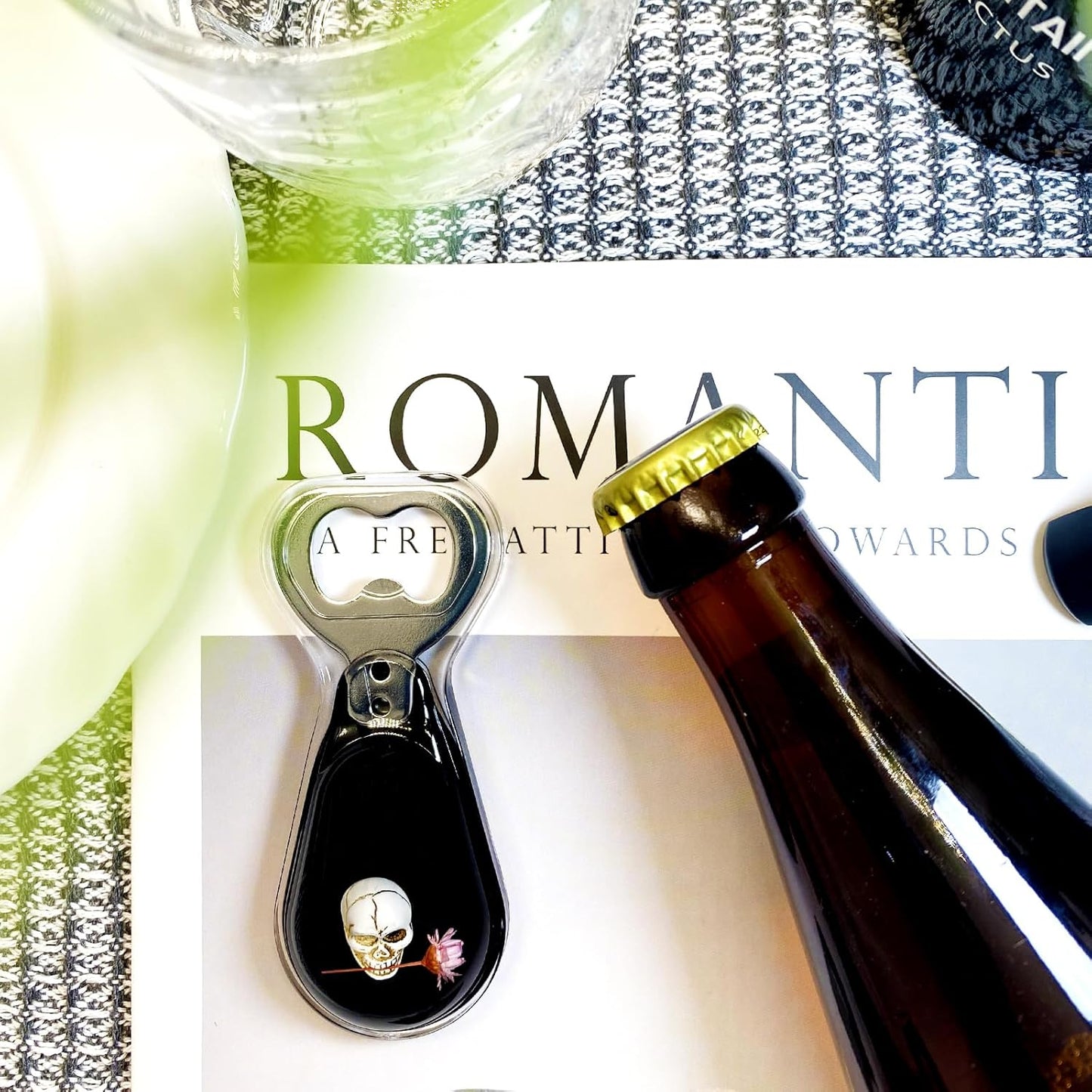 Halloween Ghost Skull Decor, Magnetic Bottle Opener, Original Design Skull Biting Flower in Black Resin – Strong Magnet for Fridge – Gothic Halloween Gifts - Black