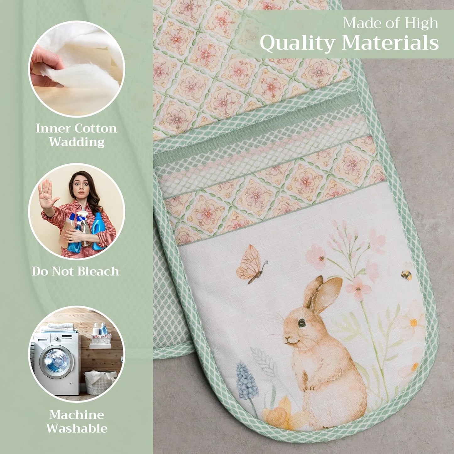 Maison d' Hermine Double Oven Mitts 100% Cotton 7"x35" Double Oven Mitt Heat Resistant BBQ Cooking Gloves with Loop, Baking, Grilling, Home, Kitchen, Handling Hot Pans Spring Summer (Easter Dew)