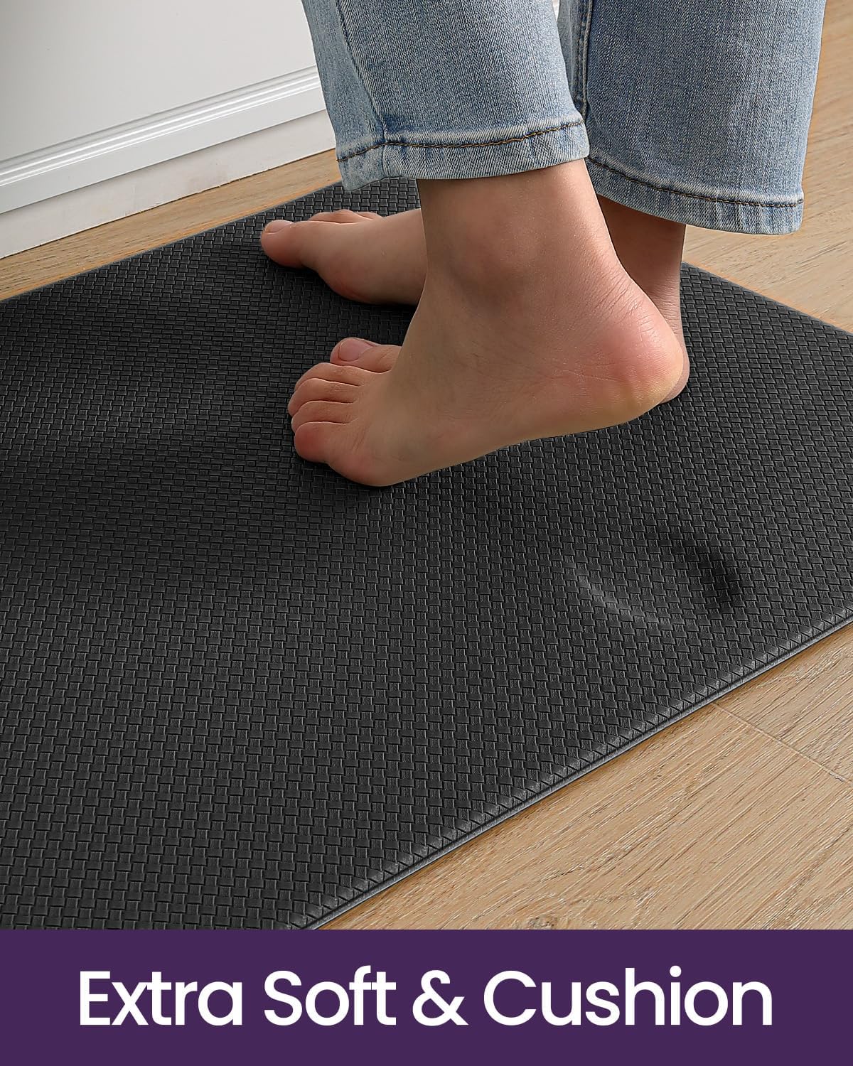 DEXI Kitchen Floor Mats Cushioned Anti Fatigue,17x29+17x59, Standing Runner Rug Waterproof, Comfort Memory Foam Padded for Front Sink Laundry Set of 2, Black