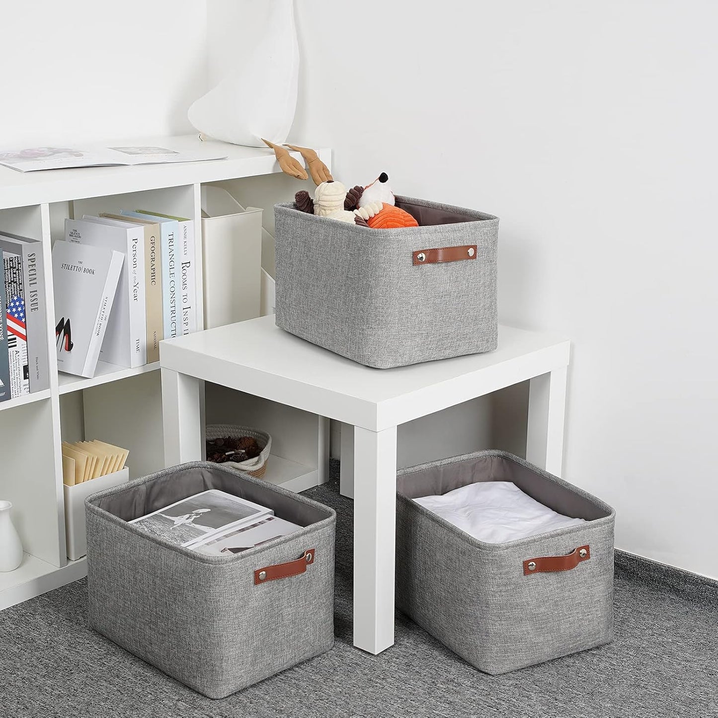 DULLEMELO Medium Storage Baskets for Organizing, Rectangular Fabric Storage Bins Collapsible, Perfect for Shelves, Closets, Nursery, Home, Office, Empty Gift Baskets (3-Pack,Grey)