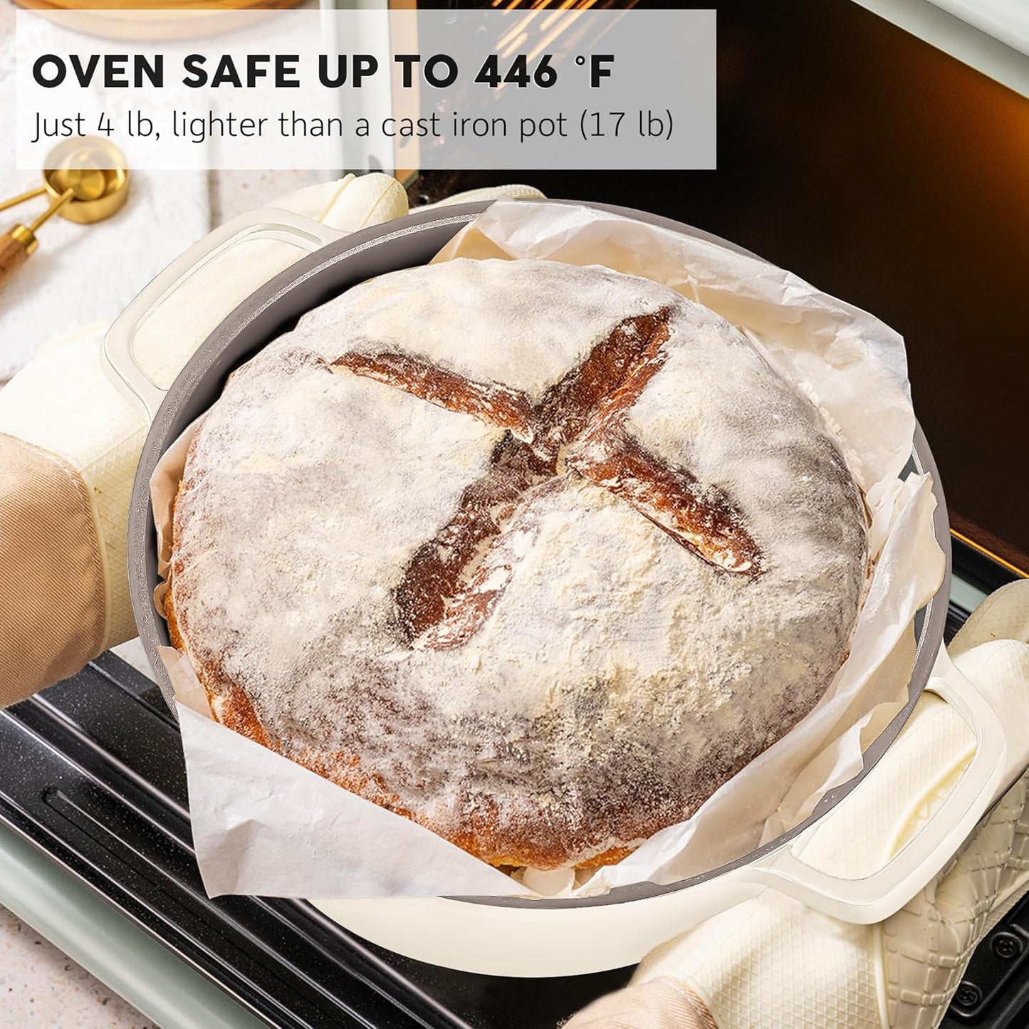 Large Dutch Oven Pot with Lid-7.5QT Cast Aluminum Oven Pot with Two Handles Lightweight for Bread Baking Braising and Roasting(Beige)