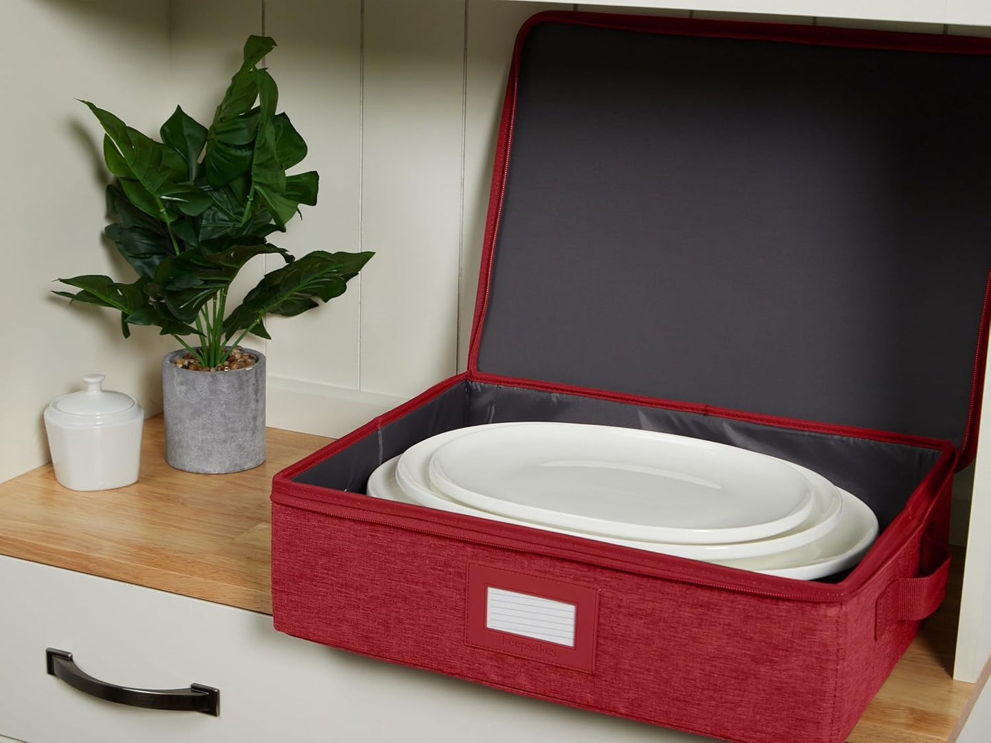 Covermates Keepsakes Dish Storage Box - Stackable, Reinforced Handles, China Storage, Red Heather