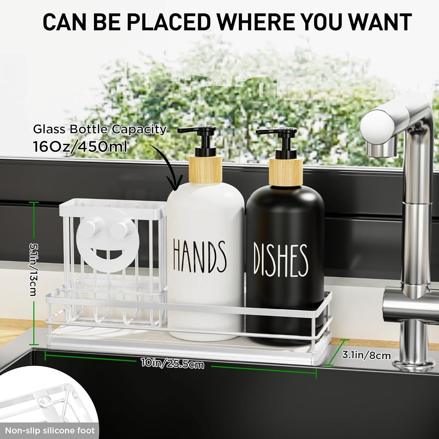 Moforoco Kitchen Dish Soap Dispenser Set, 16OZ Glass Bottle, Hand and Dish Soap Dispenser Set, Instant Dry Tray, Non-Slip Silicone Pad, Brush Holder with Smiley Face Sponge Holder, Kitchen Decor