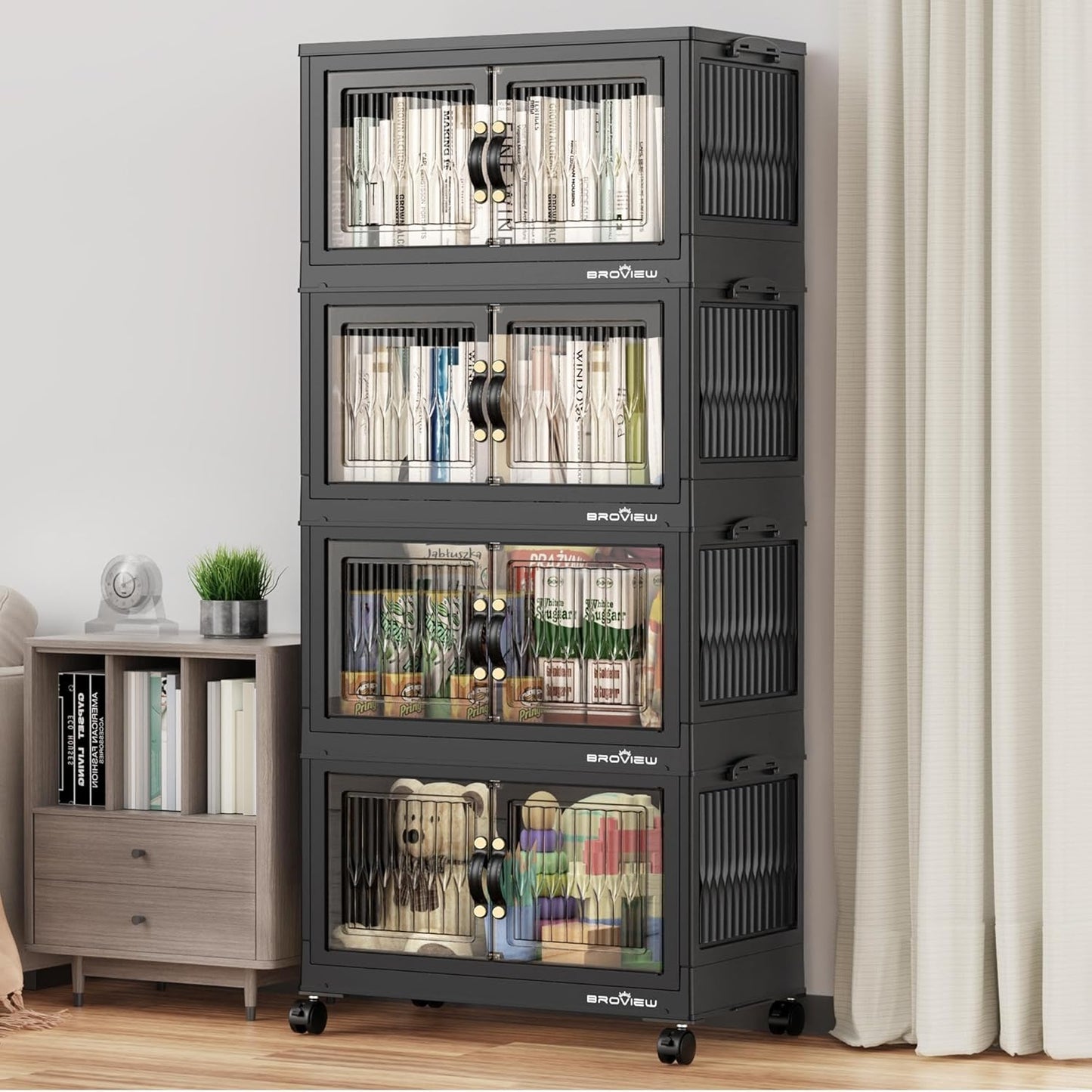 240Qt Stackable Storage Bins with Lid, Extra Large Closet Organizer Collapsible Drawer Boxes with Wheels, Folding Plastic Cabinet Containers for Home Kitchen Room Organization, 4Pack Black