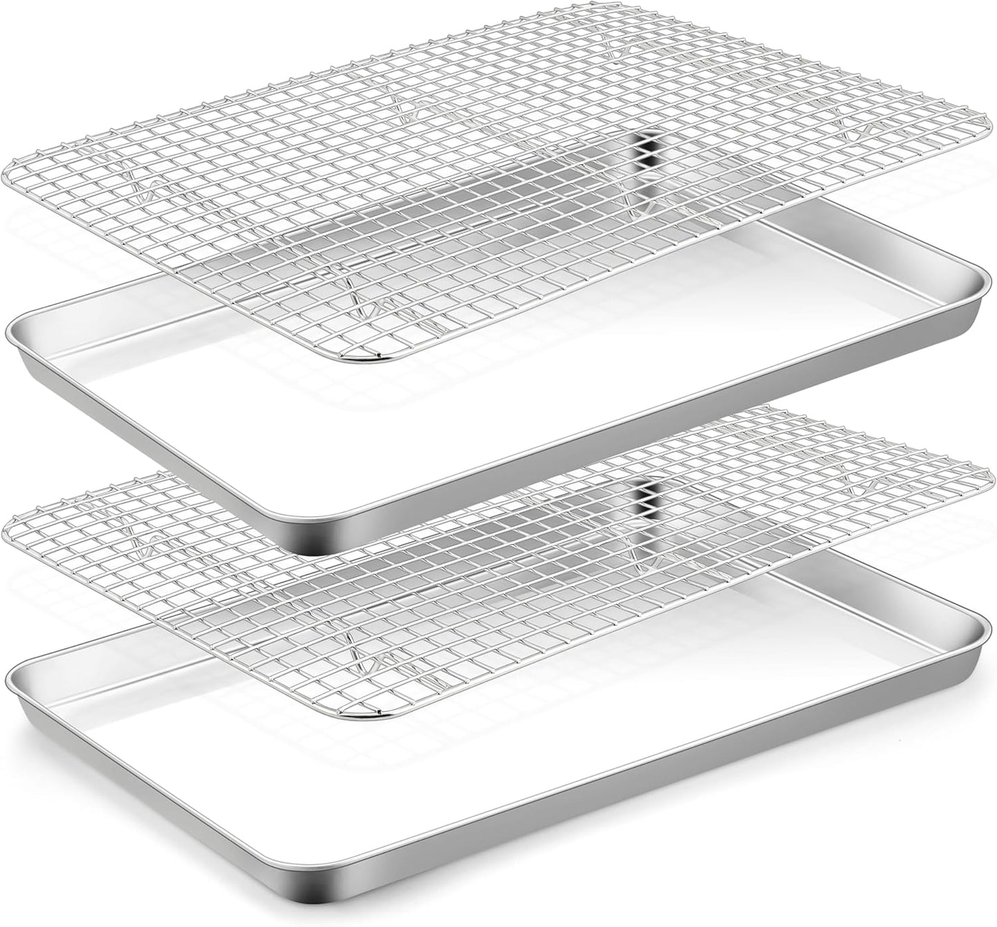 TeamFar Cookies Sheet with Rack, 16 x 12 x 1 Inch Stainless Steel Baking Sheet Tray Pans with Grid Wire Racks for Cooling Baking Roasting, Non-Toxic & Heavy Duty, Dishwasher Safe, 2 Pans + Racks