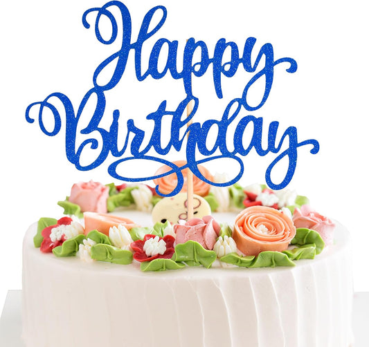 Happy Birthday Cake Toppers 9 Inch Glitter Happy Birthday Cake Pick for Birthday Anniversary Theme Party Cake Decorations Supplies - Dark Blue