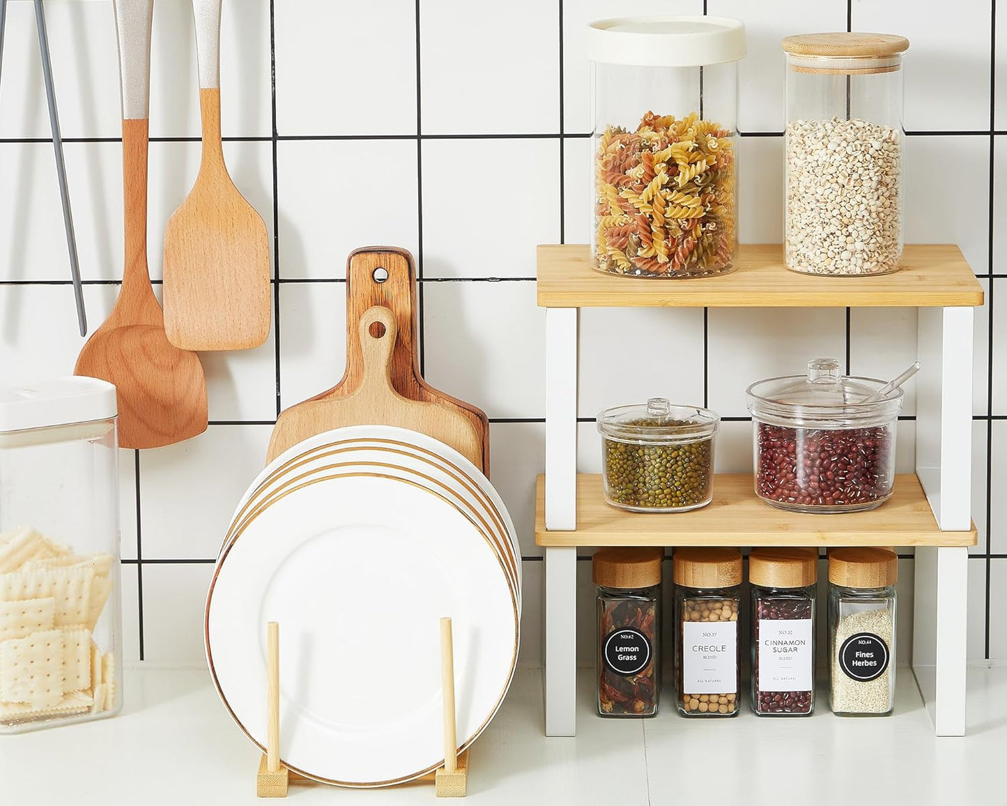 Marsui 4 Pcs Kitchen Organizer Accessories Set Cabinet Organizer Shelf and Bamboo Dish Drying Plate Rack Counter Shelves Storage Holder for Spice Rack, Dish, Pot Lid, Bowl, Cup(Wooden Color)