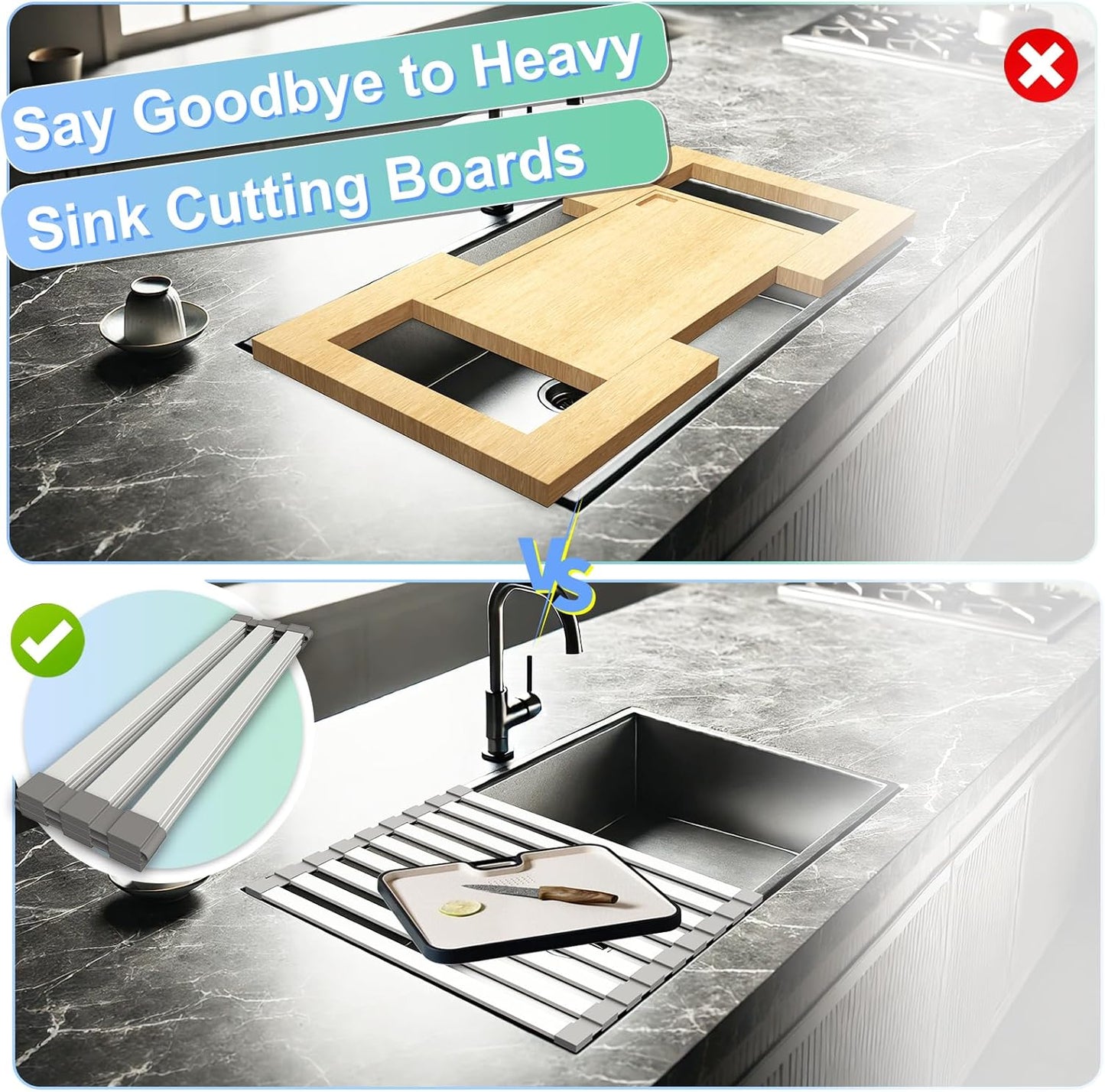 Mamakura Aluminum Alloy Foldable Sink Dish Rack & Cutting Board, 19.09"x13.31", Gray