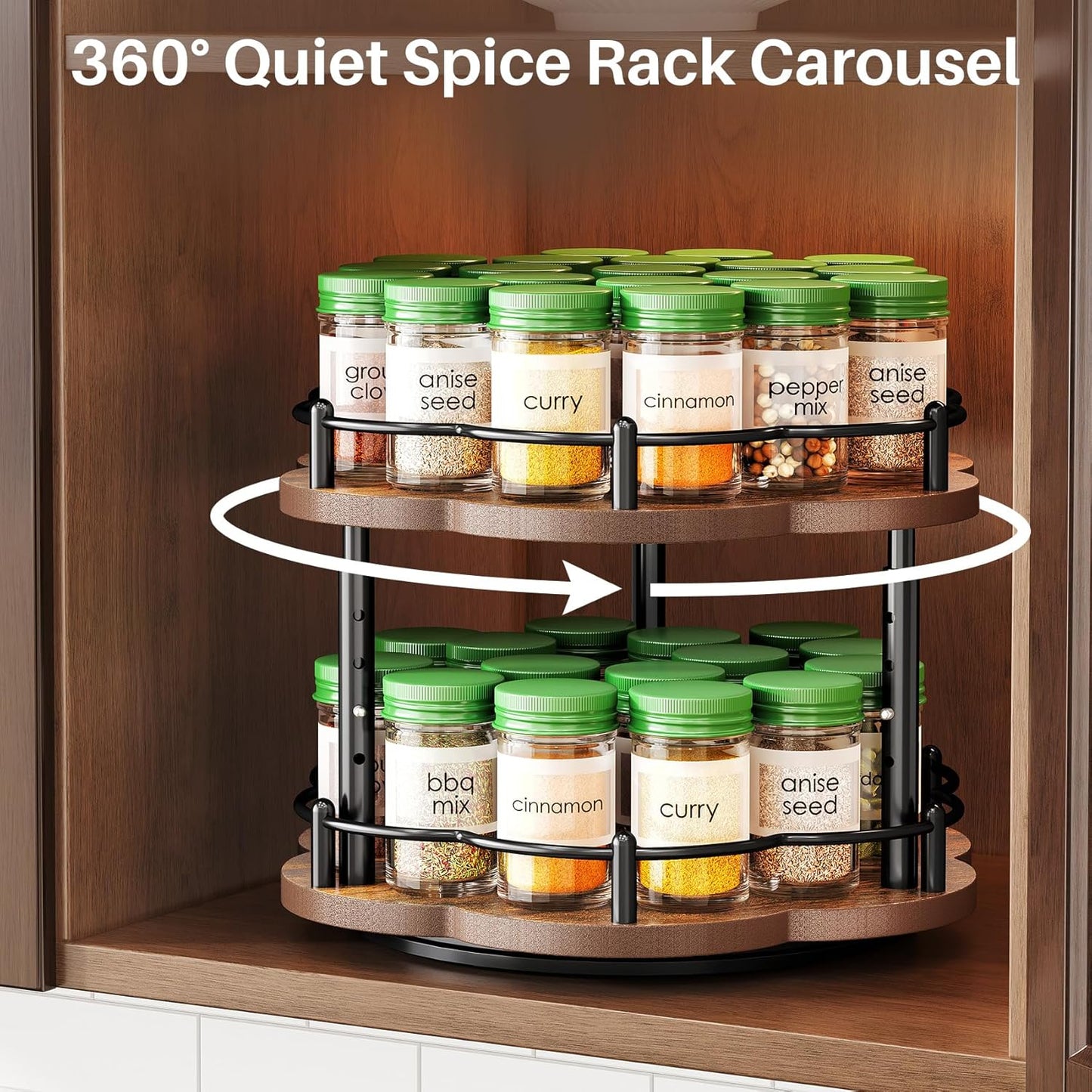 Lazy Susan Spice Rack Organization for Cabinet - 2 Tier Adjustable Height Lazy Turntable Spice Organizer for Kitchen Countertop & Pantry, Wood 10 Inch Seasoning Storage, Black