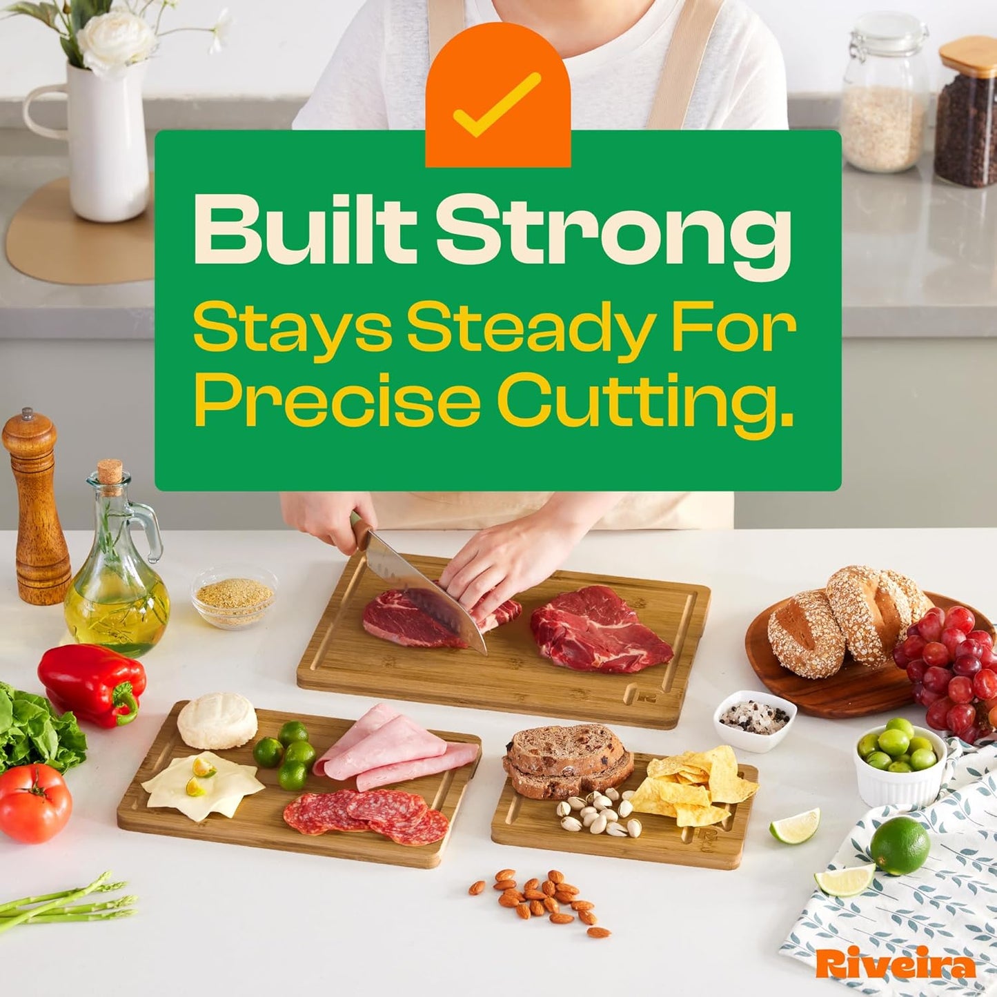 Riveira Brown Bamboo Wood Cutting Board – Gourmet Bamboo Grandeur: 8 x 6 Wooden Cutting Board – Wooden Cutting Boards For Kitchen Decorative – Innovative Juice Grooves Wooden Chopping Board