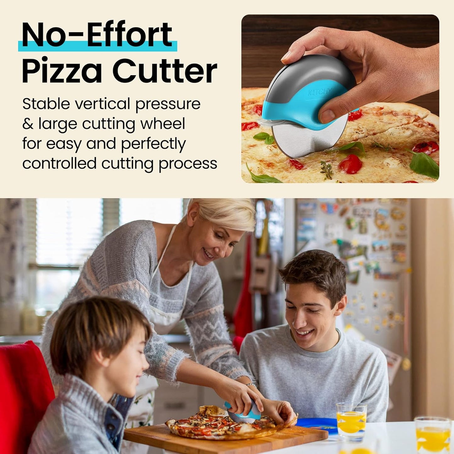Kitchy Pizza Cutter Wheel with Protective Blade Cover, Ergonomic Pizza Slicer (Blue)