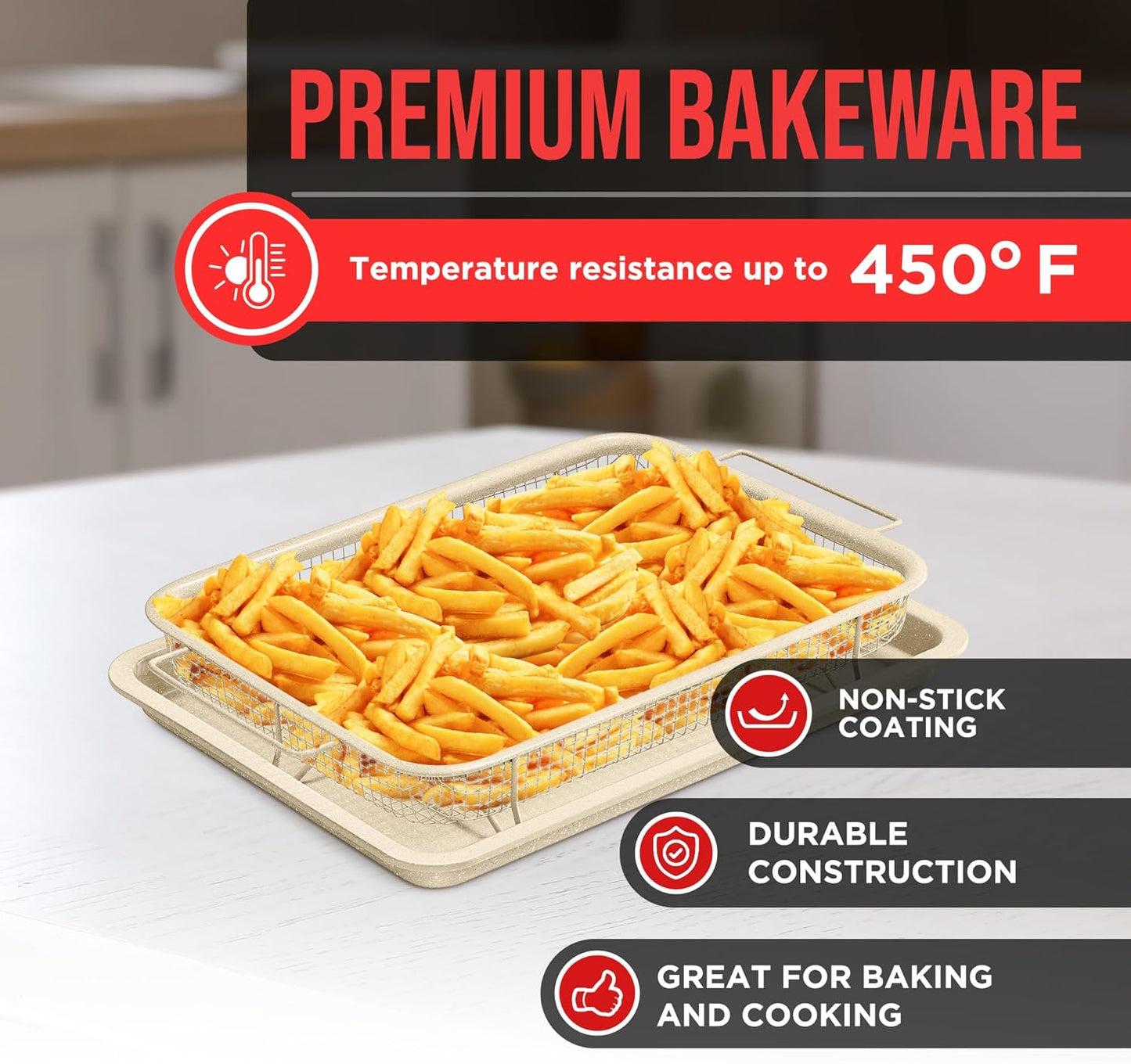 Bakken-Swiss Crisper Tray - 2-Piece Set – White Marble, Non-Stick Basket Design for Healthier Cooking in Regular Ovens - Achieve Perfectly Crispy Chips, Bacon and More