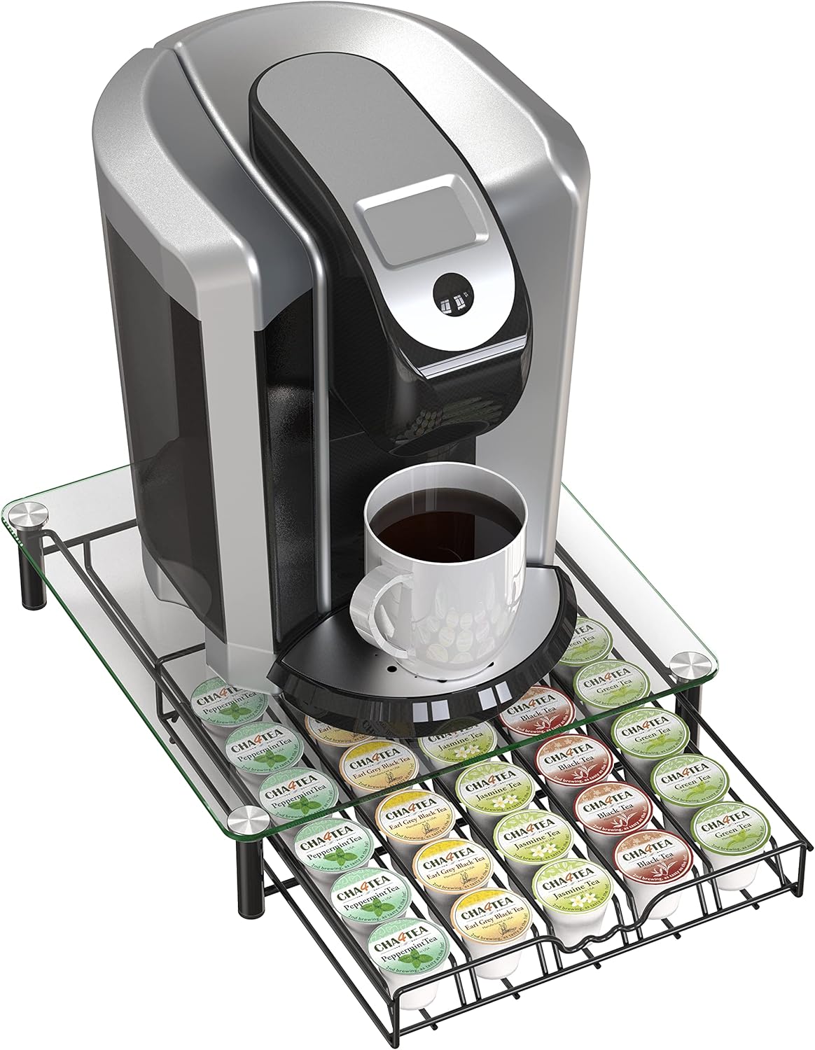 Deco Brothers Crystal Tempered Glass K-Cup Holder Drawer for 30 Coffee Pods Storage, Black