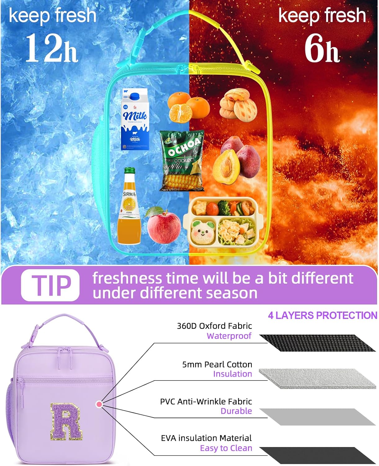 Initial Insulated Lunch Bag for Girls Kids, Back to School Gift, Reusable Leak-proof Lunch Box with Adjustable Strap for School Daycare Travel Picnic (Purple,R)