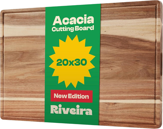Riveira Acacia Wood Cutting Board – Gourmet Acacia Grandeur: 20 x 30 Wooden Cutting Board – Natural Wooden Cutting Boards For Kitchen Decorative – Innovative Juice Grooves Acacia Wooden Chopping Board