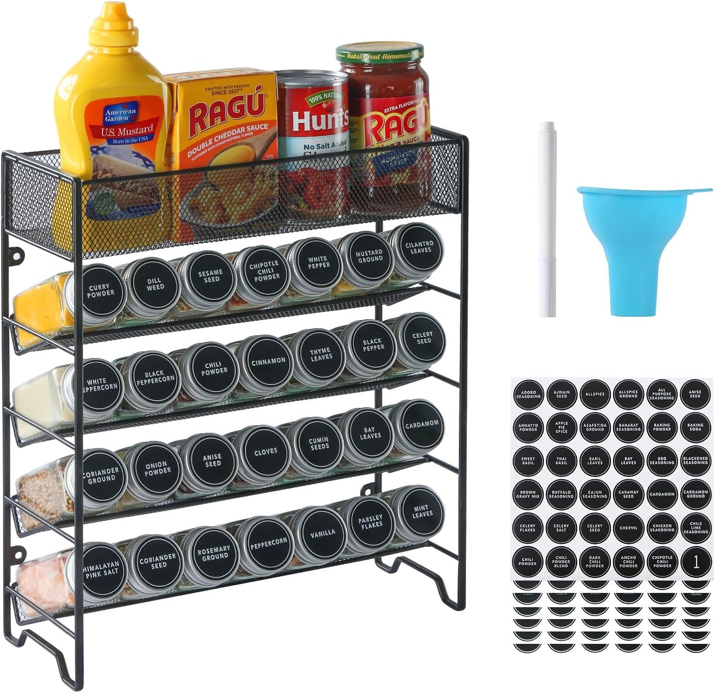 Spice Rack Organizer with 28 Empty Spice Jars,Spice Labels,Chalk pen and Funnel Complete Set,Space-Saving for Countertop, Cabinet or Wall Mount