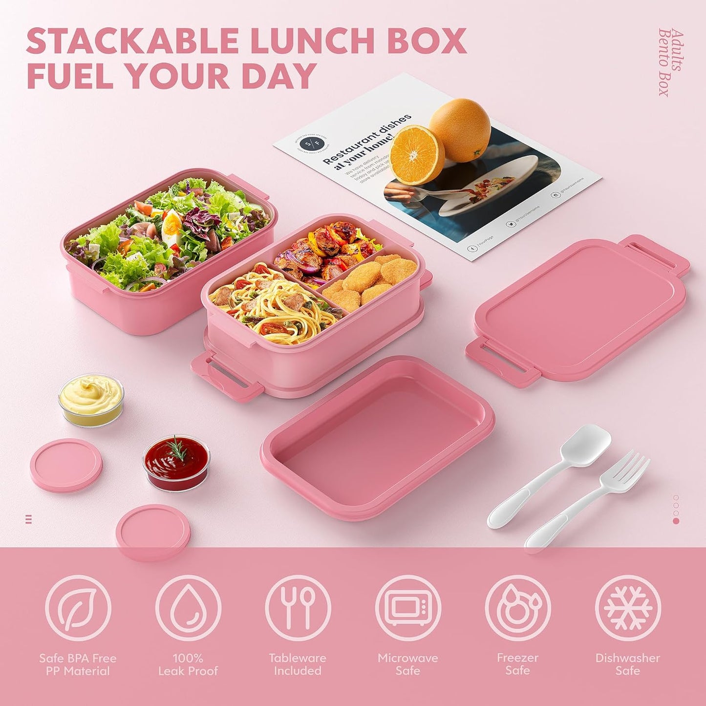 Jelife Bento Lunch Box for Adults - 3 Layers Leak-Proof Stackable Bento Box for Adults, 72oz Large-Style All-in-One Adult Lunchbox Bento Box with Utensil Accessories for Dining Out,Work, Pink
