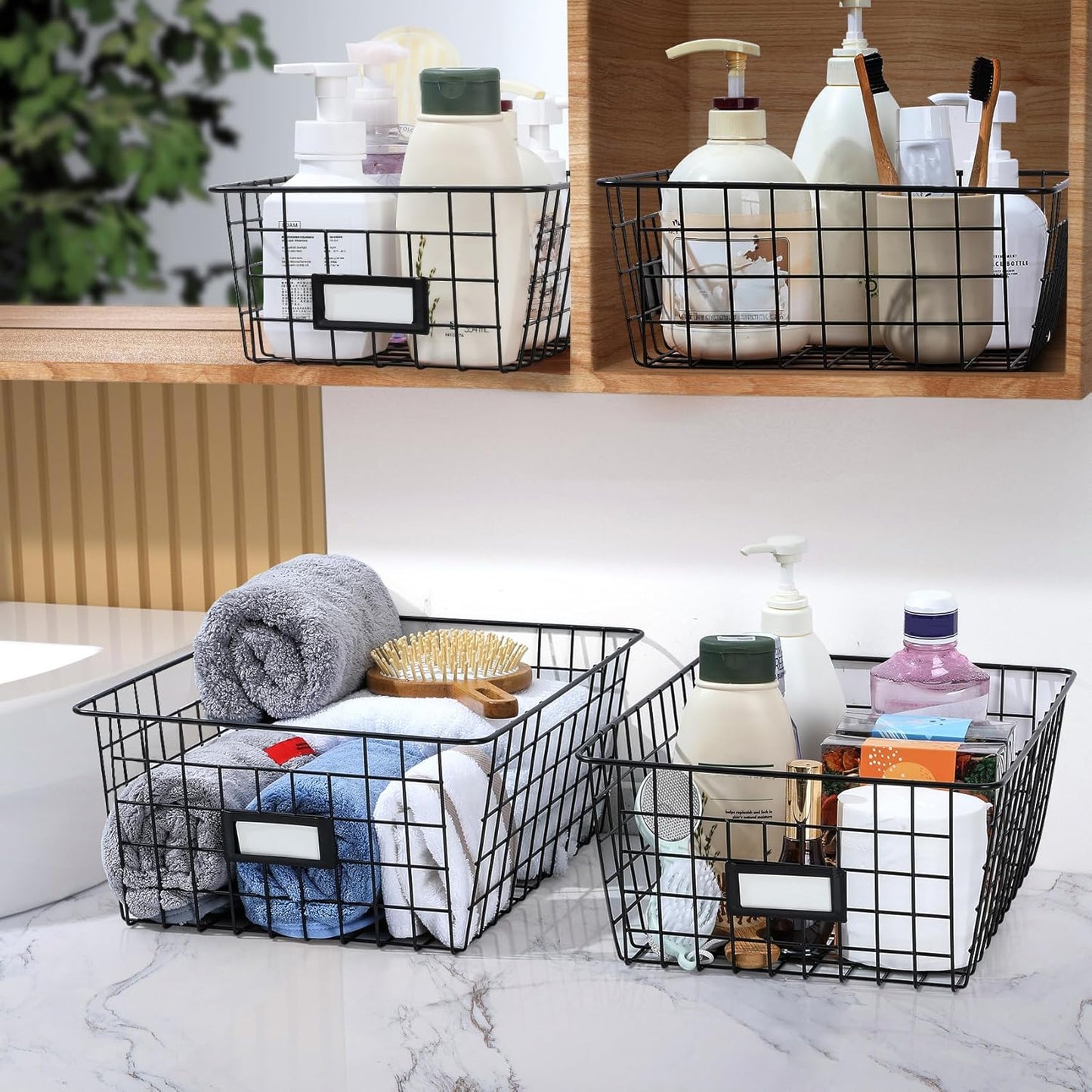 8 Set, Extra Large Wire Baskets for Organizing with Lables, Cabinet Pantry Organization and Storage Bins - Metal Basket for Kitchen, Laundry, Garage, Fridge, Bathroom Countertop Organizer, Black