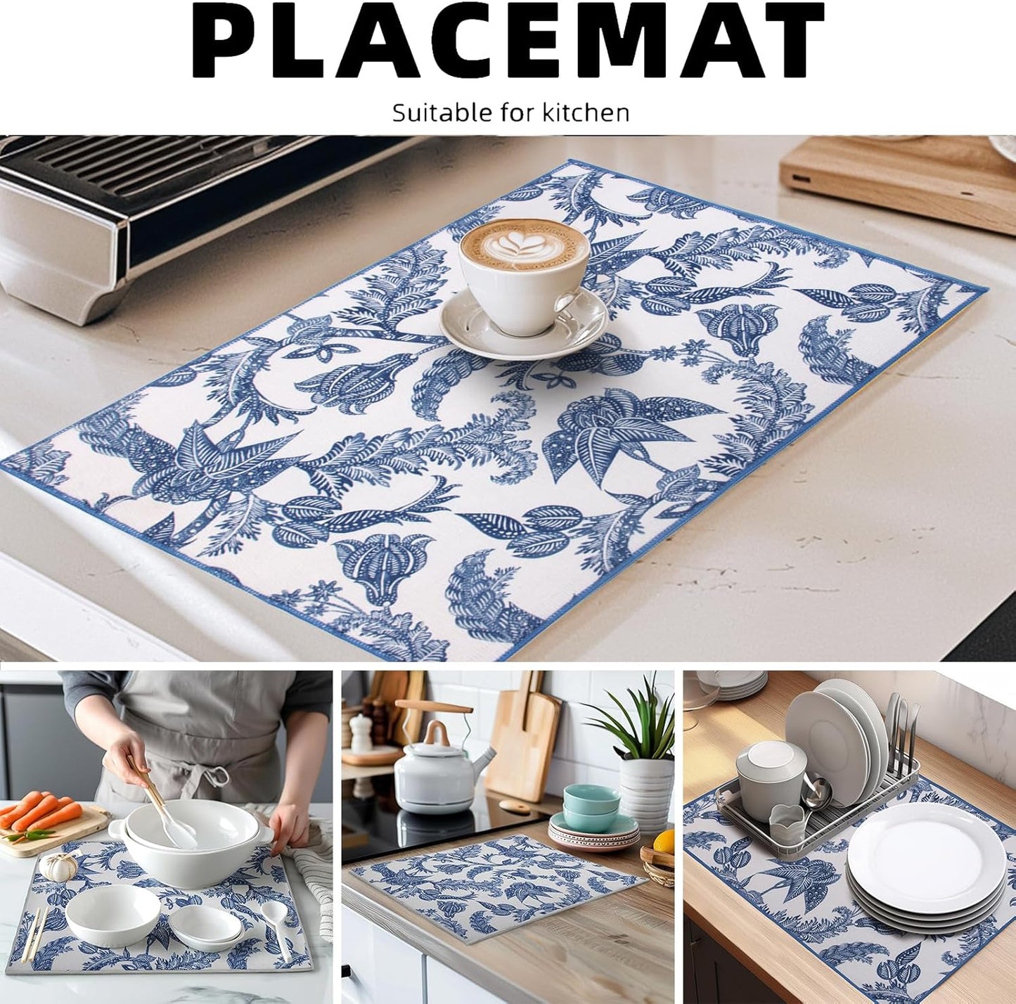 2 Packs Blue And White Porcelain Dish Drying mat, Drying Matt Kitchen Counter, Microfiber Dish Drying Mats, 20x15 inches, Dish Drainer Mat Kitchen Counter, Fast Drying, Kitchen Must-Have