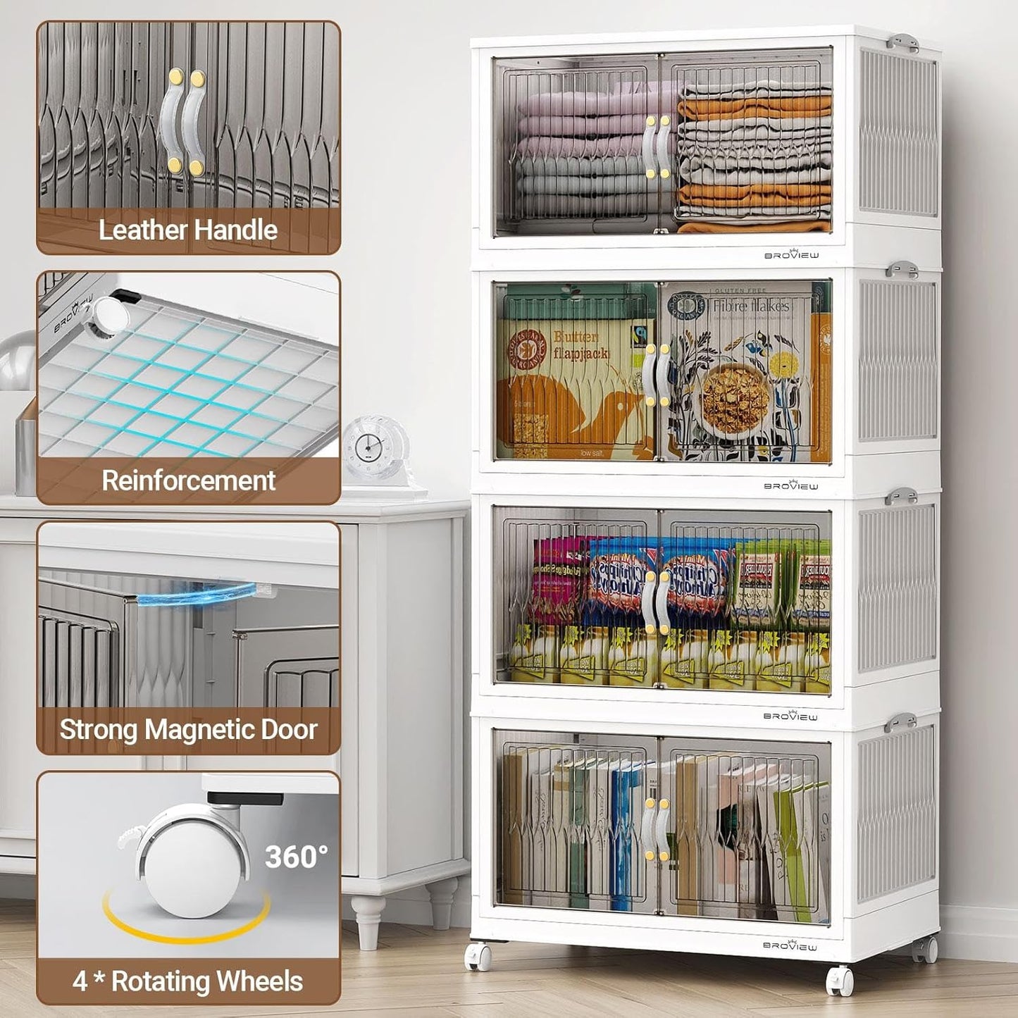 600Qt Stackable Storage Bins with Lid, Extra Large Closet Organizer Collapsible Drawer Boxes with Wheels, Folding Plastic Cabinet Containers for Home Kitchen Room Organization, 5Pack White