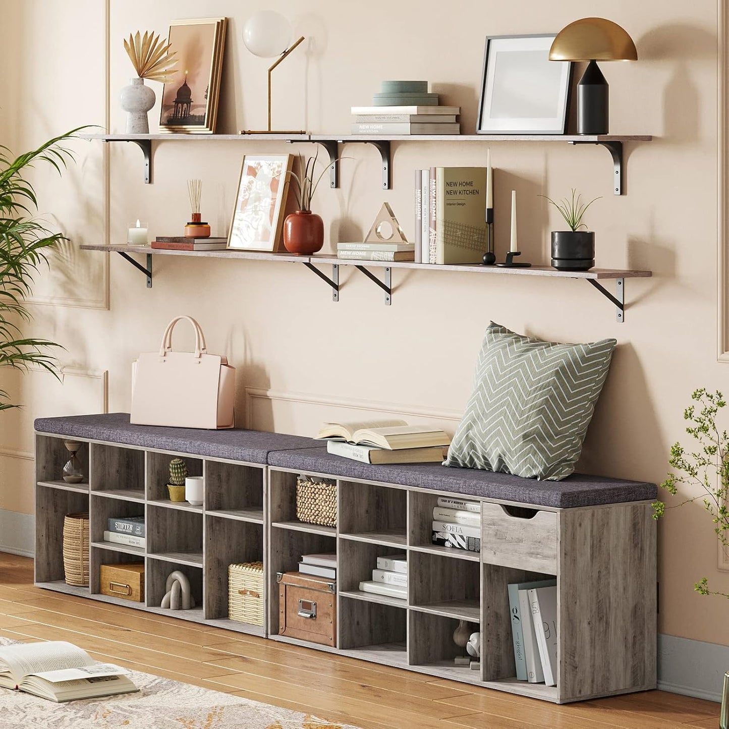 DINZI LVJ Long Wall Shelves, 39.4Inch Wall Mounted Shelves Set of 2, Extra Large Floating Storage Ledges with Sturdy Metal Brackets for Living Room, Bathroom, Bedroom, Kitchen, Greige