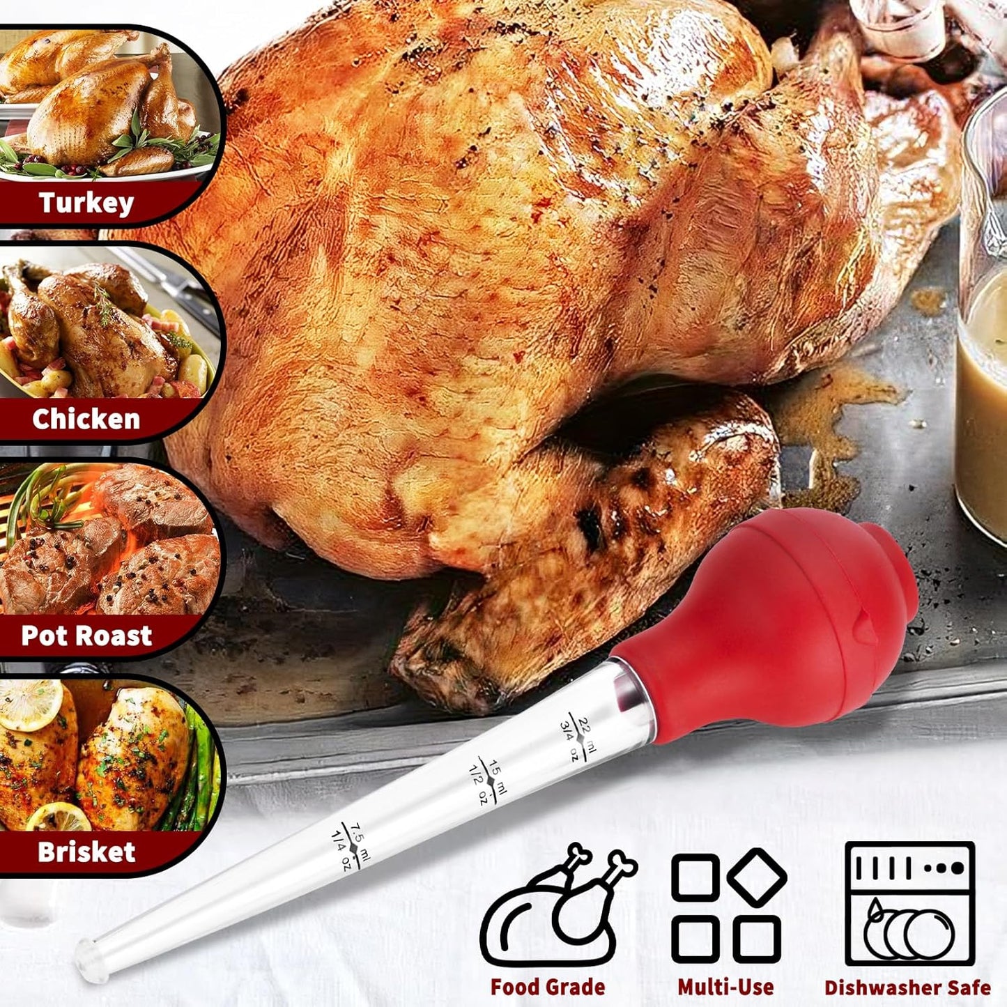 Turkey Baster, Premium Baster Tool for Cooking-Baster Syringe for Home Baking and Roaster Turkey, Include Detachable Silicone Bulb, 2 Meat Marinade Injector Needles for Thanksgiving