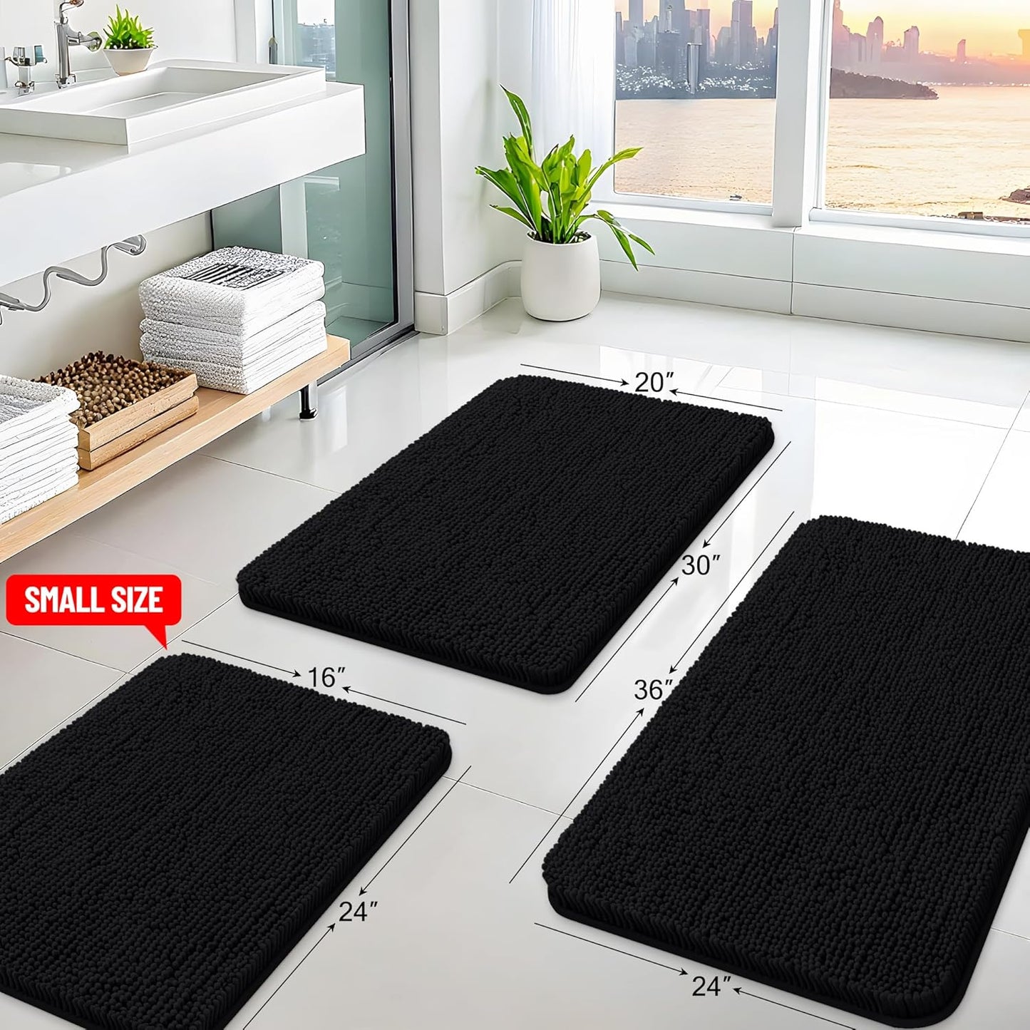 Arotive Bathroom Rugs 44x24, Extra Soft Absorbent Shaggy Chenille Bath Rugs, Machine Washable Rubber Backing Non-Slip Bath Mats for Bathroom Floor Tub and Shower, Home Decor Accessories, Black