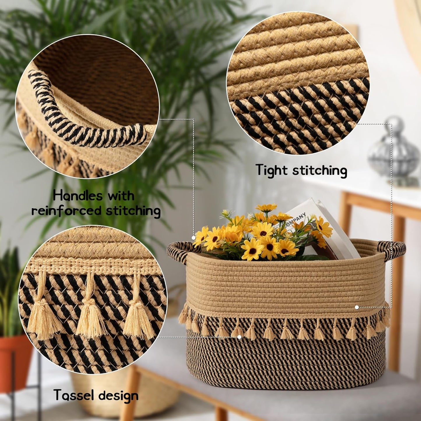 TeoKJ Set of 3 Baskets for Organizing, Decorative Rope Baskets for Storage, Storage for Pets, books, Pillows, Toys & Cloths, Black & Jute