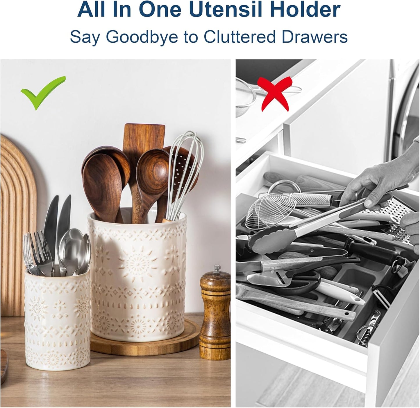 LOVECASA Utensil Holder, 7.2"+5.4" Ceramic Utensil Holder for Countertop, Large Cooking Utensil Crocks for Kitchen Counter, Farmhouse Utensil Vase for Housewarming, Kitchen Decor, Set of 2, Oasis