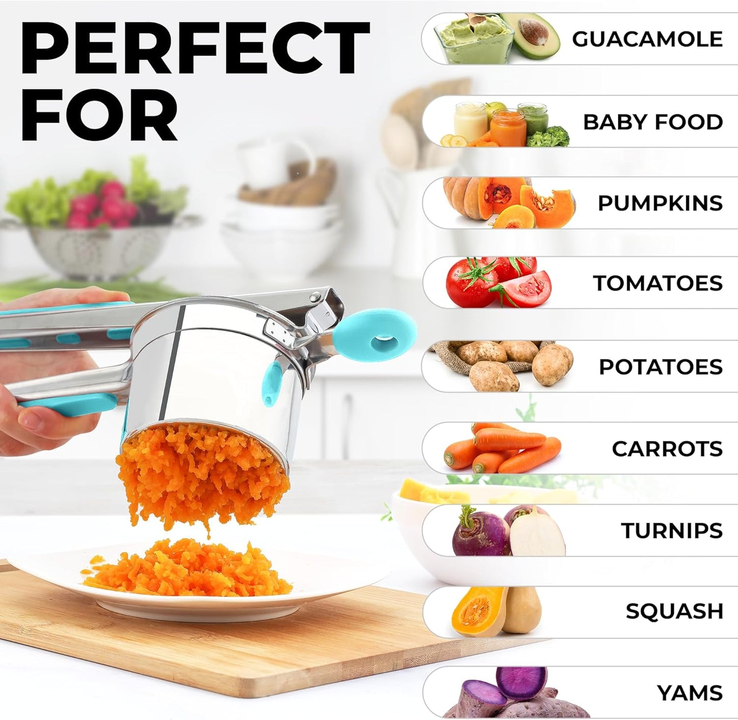 Zulay Kitchen Large 15oz Potato Ricer, Heavy Duty Stainless Steel Potato Masher and Ricer for Mashed Potatoes, Mashed Potato Masher & Potato Press Gadget for Perfect Mashed Potatoes - Turquoise