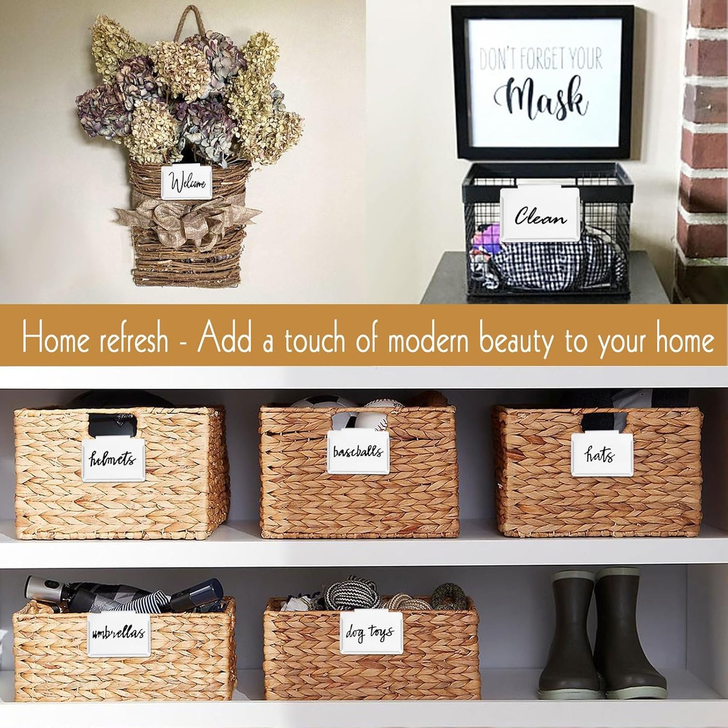 Basket Labels Clip on | Label Holders for Basket or Storage Bins Includes White Chalk Markers (8 White Holders + 2 Black Chalk Makers)