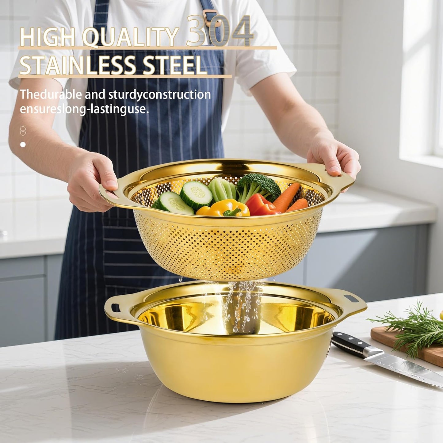 Colander 304 Stainless Steel 3-quart with Mixing Bowls, Strainer for Kitchen Food For washing vegetables, fruit, rice, Dishwasher Safe. (Gold 2PC)
