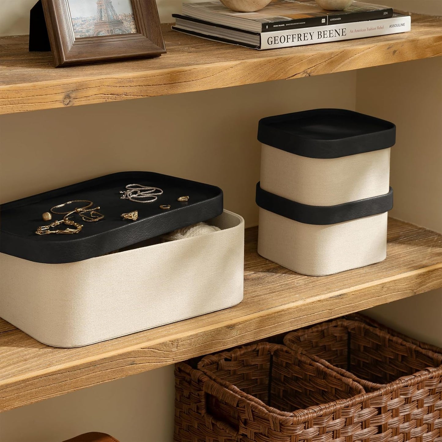 LA JOLIE MUSE Fluted Cardboard Storage Baskets with Leather-Like Lids, Sturdy Stackable Paper Boxes Decorative Tray, Black & Beige, Set of 3