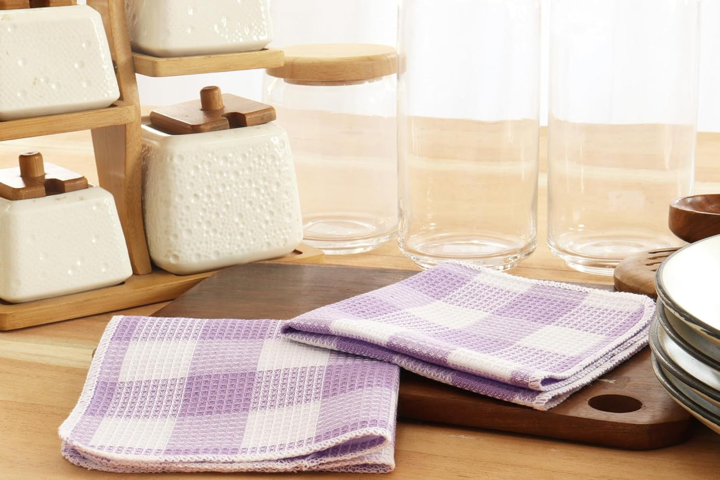 Waffle Weave Plaid Dish Cloths, 100% Cotton - 12 x 12 Inches, Ultra Soft Absorbent Quick Drying Dish Towels Buffalo Check Dish Rags for Kitchen, 6 Pack - Spring Summer - Lavender and White
