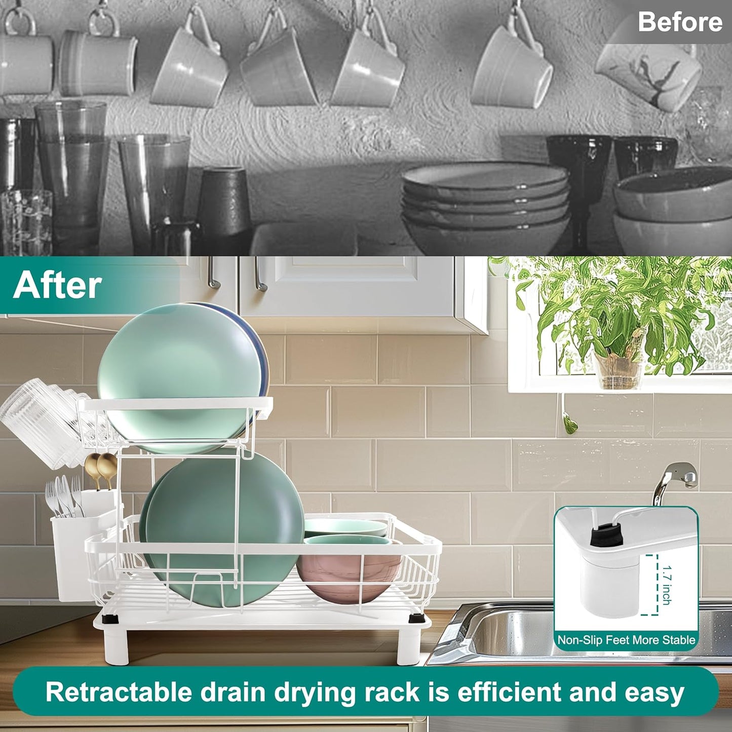 2-Tier Dish Drying Rack for Kitchen Counter,Space-Saving Dish Rack with Drainboard,Rustproof Countertop Dish Drainer with Utensil Holder for Sink,White