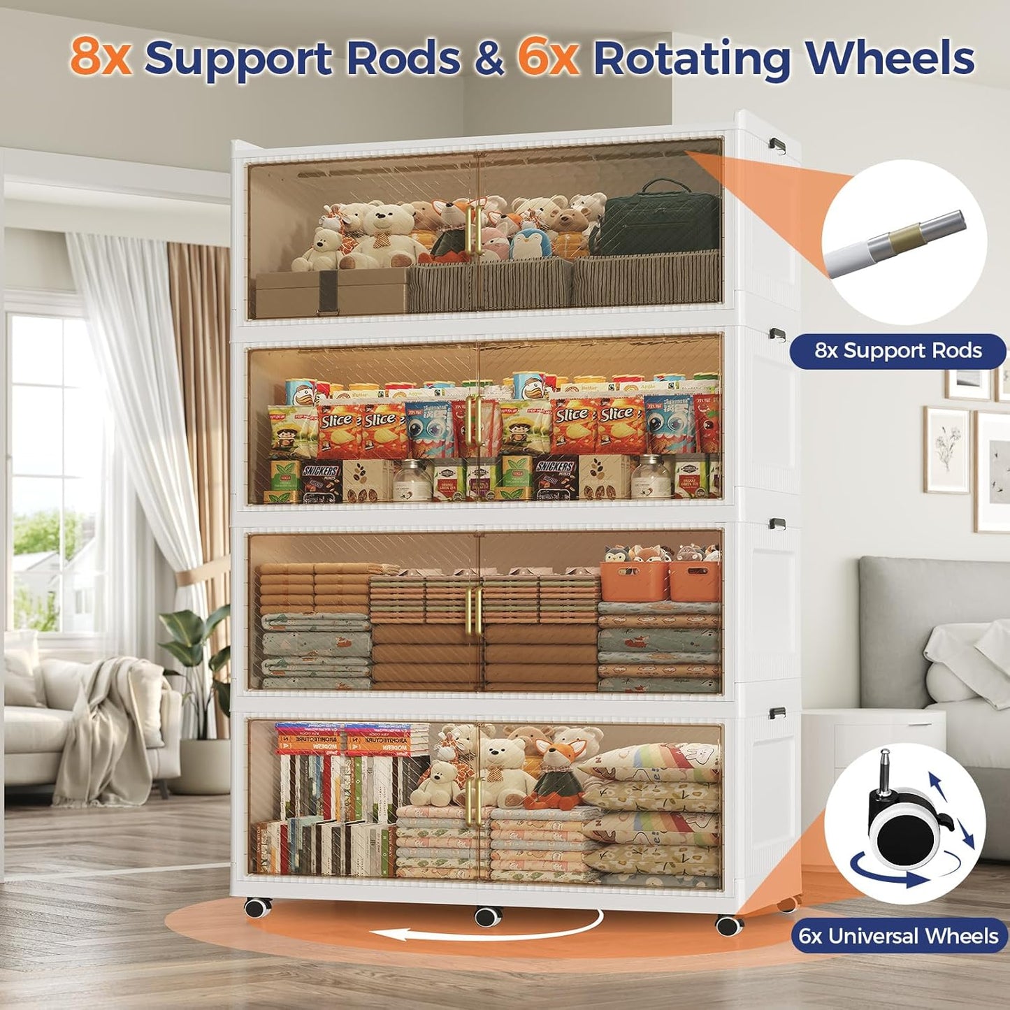 320GAL Extra Large Storage Bins with Lid, 1280QT Plastic Stackable Storage Bins with 6x Wheels, Collapsible Closet Organizer and Storage Drawer Cabinet for Living Room Office Dorm, 4Pack White