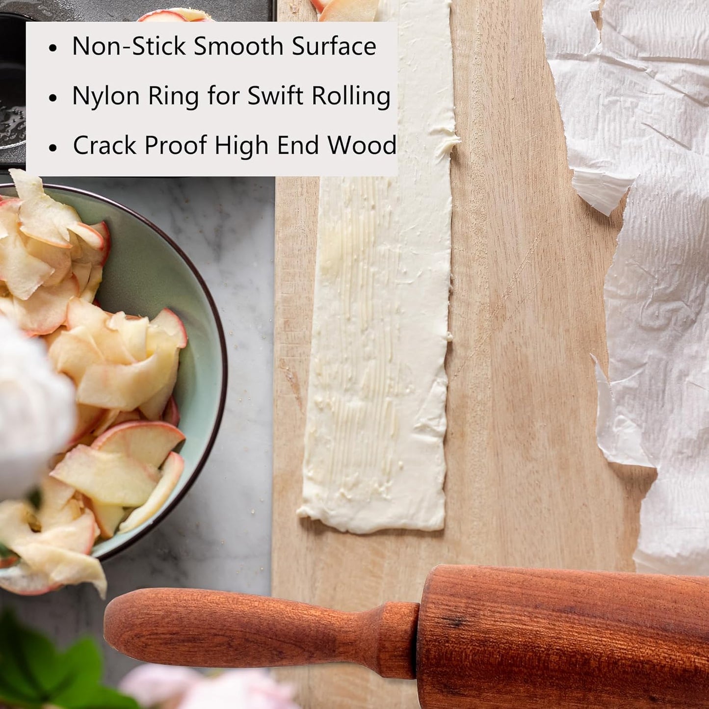 Classic Sapele Wooden Rolling Pin With Handles,Wood Baking Roller （17''L x 1.77"W)