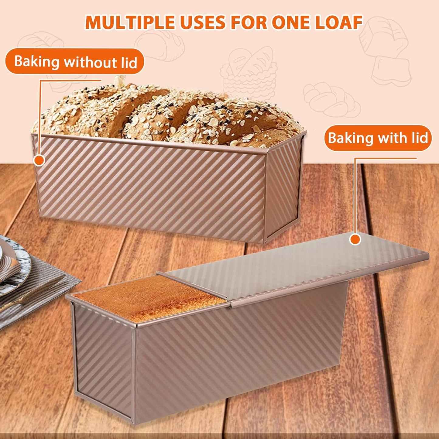 Non-Stick Pullman Loaf Pan with Lid 13x4 Inch - 2.2lb Carbon Steel Bread Baking Pan with 4 Vent Holes, Heavy Duty Sourdough Loaf Pan with Cover for Homemade Sandwich Bread (Gold)