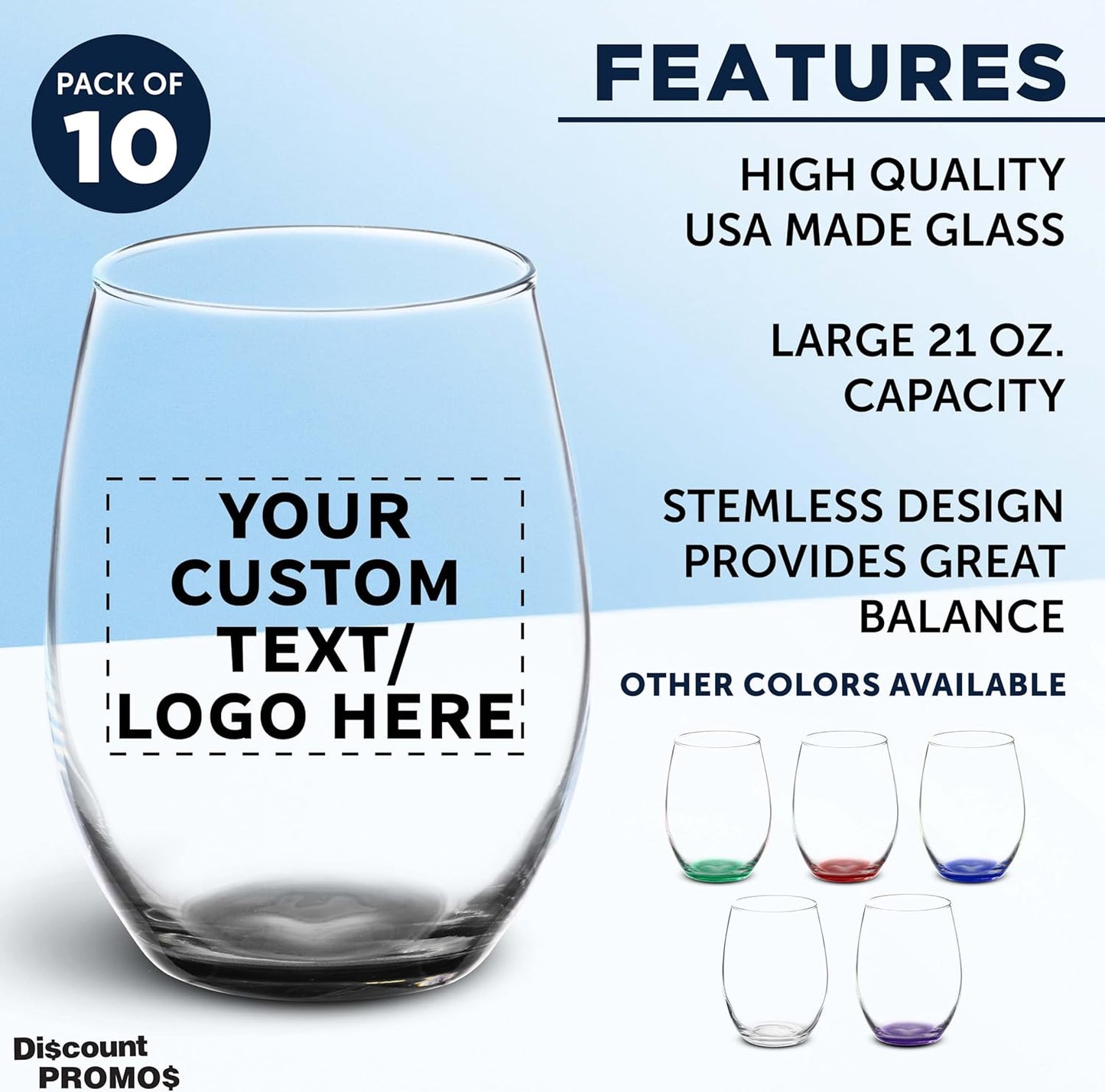 DISCOUNT PROMOS 10 ARC Stemless Wine Glasses Set, 21 oz. - Customizable Text, Logo - Chardonnay, Cabernet, Merlot, Sauvignon - Black