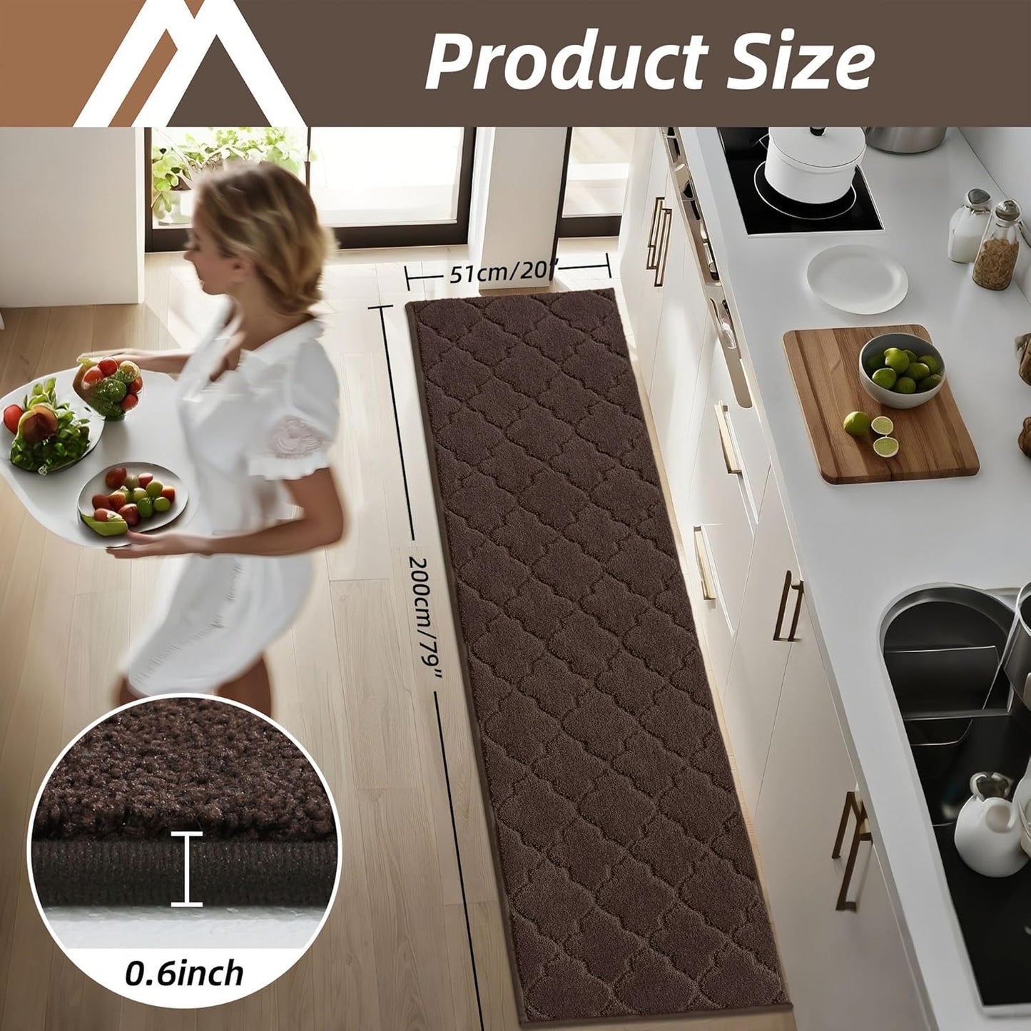 COSY HOMEER Soft Kitchen Floor Mats for in Front of Sink Super Absorbent Kitchen Rugs and Mats 20"x79" Non-Skid Kitchen Mat Standing Mat Washable,Polyester,Brown