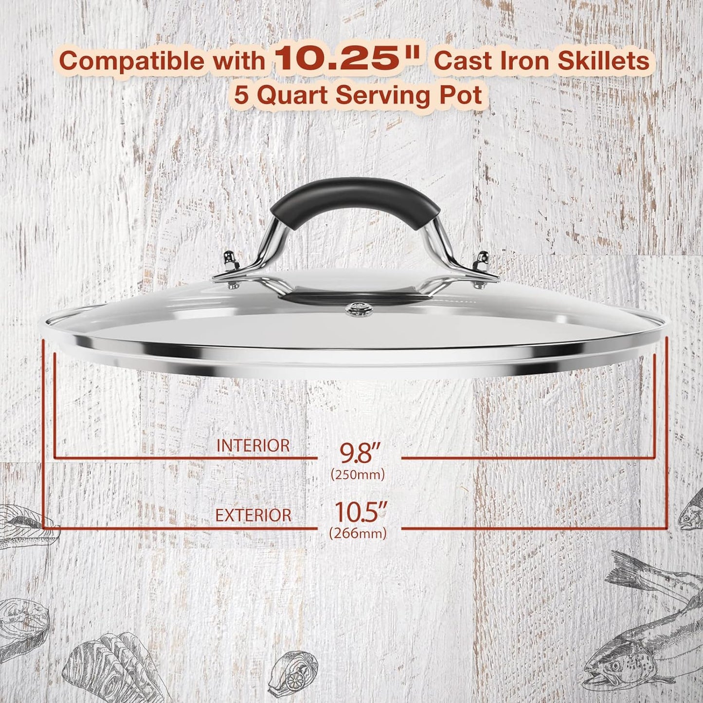 10.25 Inch Tempered Glass Lid Compatible with 10-10.25 Inch Lodge Cast Iron Skillet and 5 Quart Dutch Ovens