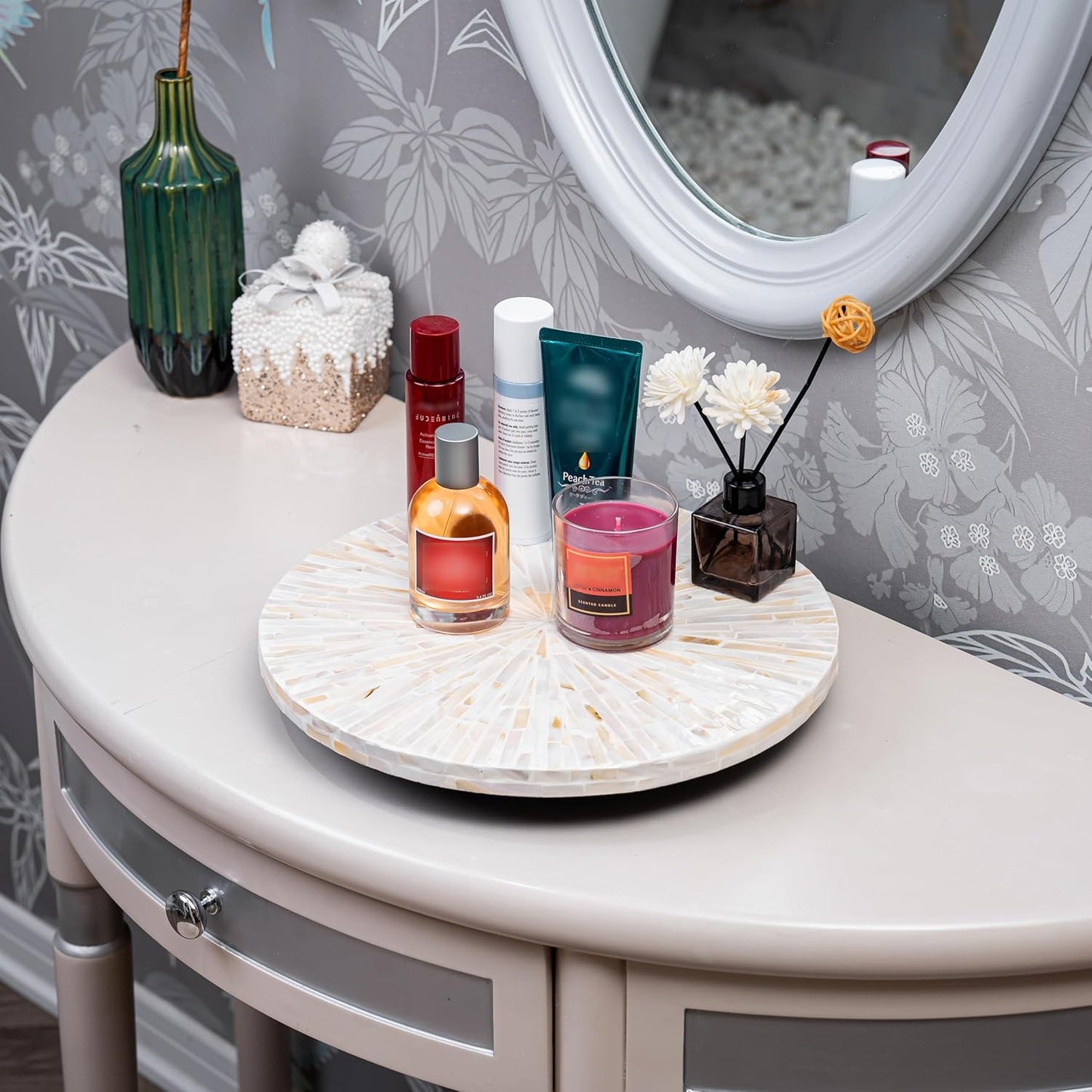 PEMAR PEMAR Mother of Pearl Lazy Susan Turntable – 12.6″ Decorative Wooden Rotating Tray Countertop Organizer (White Cream Sunlight/Starburst Pattern)