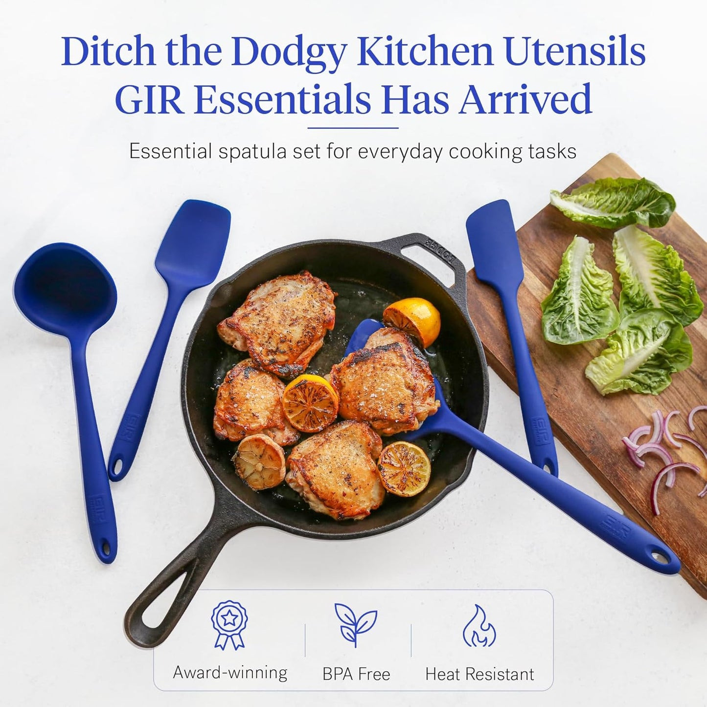 GIR: Get It Right - 5 Piece Essentials All Purpose Set - Ladle, Spatula, Flip, Spoon & Spoonula, Non-stick, Heat Resistant, Dishwasher Safe, Kitchen Utensils, Baking Supplies - Royal Blue