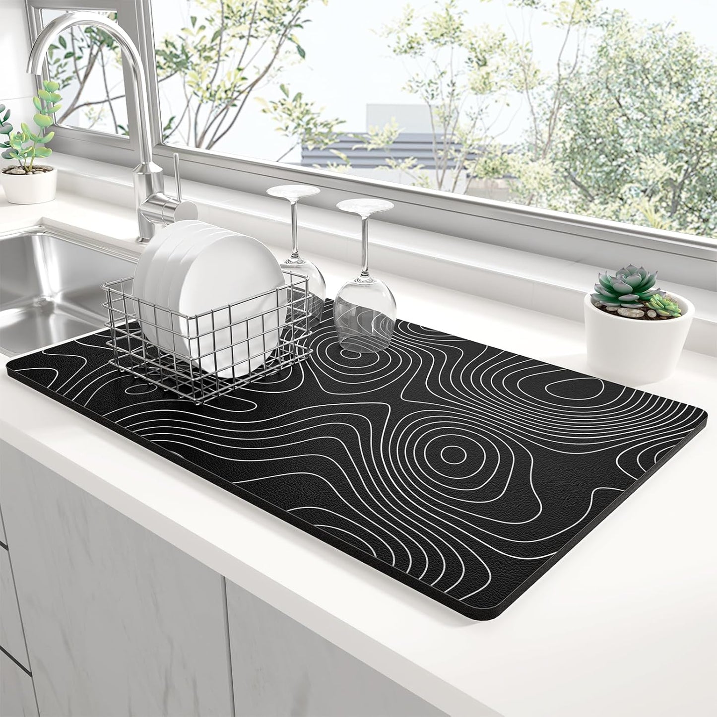 Rnivvi Dish Drying Mat for Kitchen Counter, 12 x 19" Cute Marble Super Absorbent Draining Pad, Non-Slip Heat Resistant Coffee Bar Mats for Coffee Machine Station Accessories, Line Art Dish Rack Pad